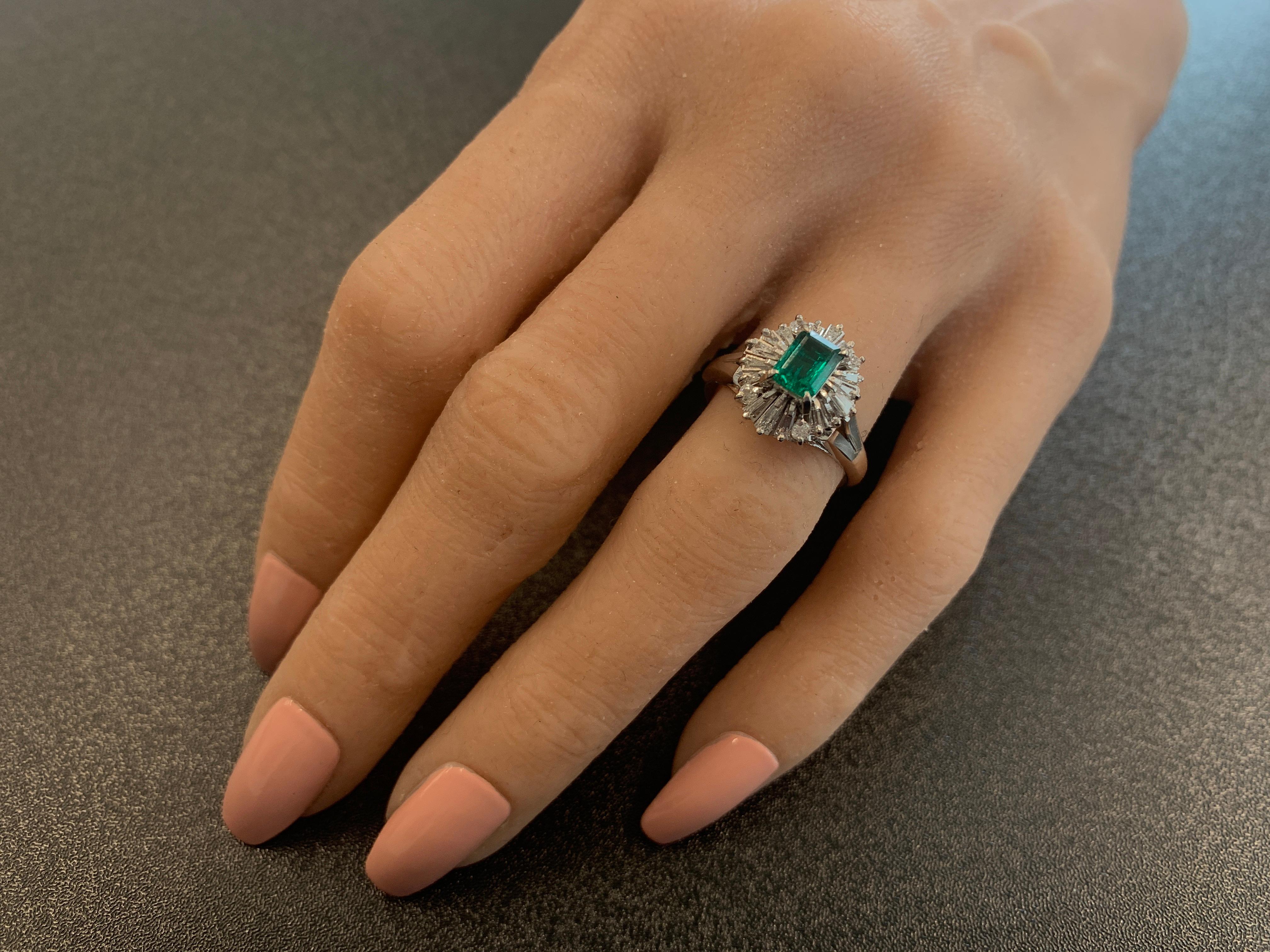 0.67 Carat Emerald Cut Emerald & Diamond Cocktail Ring in Platinum In New Condition For Sale In Chicago, IL