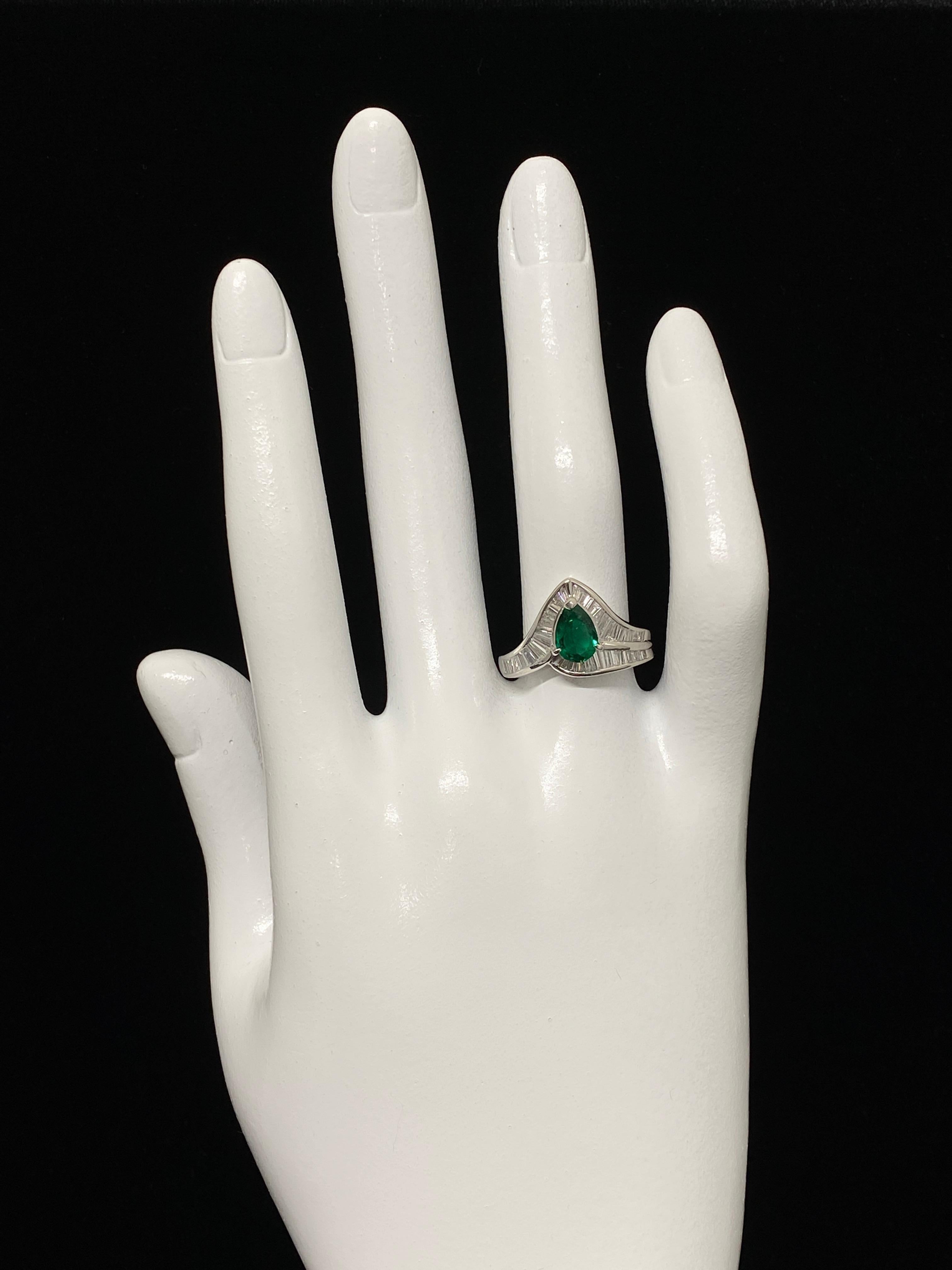 0.67 Carat Natural Pear Cut Emerald and Diamond-Baguette Ring Set in Platinum 1
