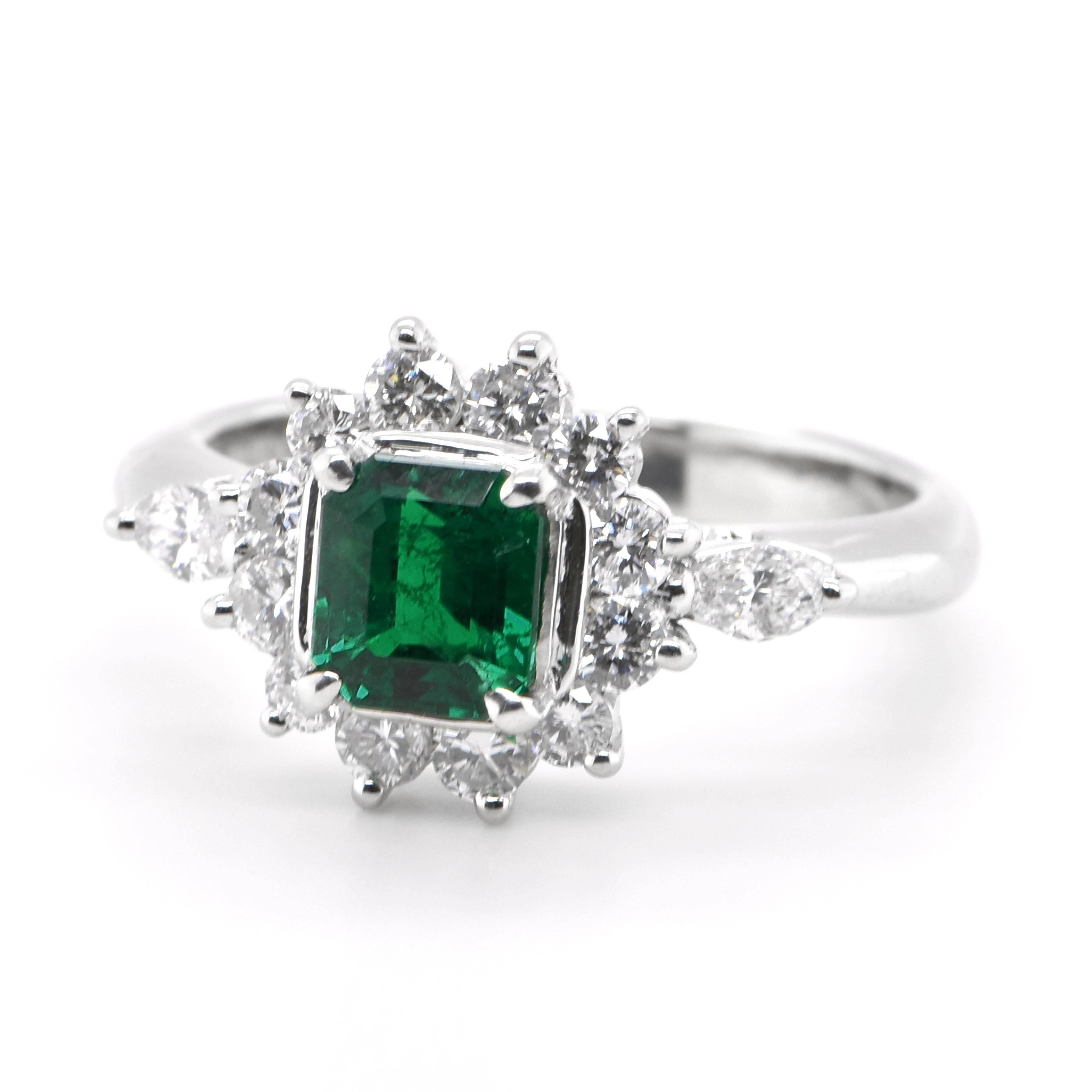 A stunning ring featuring a 0.67 Carat Natural Emerald and 0.48 Carats of Diamond Accents set in Platinum. People have admired emerald’s green for thousands of years. Emeralds have always been associated with the lushest landscapes and the richest