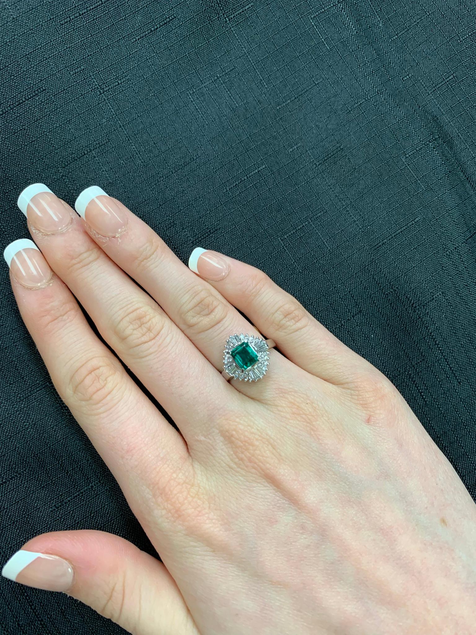 Women's or Men's 0.67 Carat Natural Rectangular Cut Emerald and Diamond Cocktail Ring, Platinum For Sale