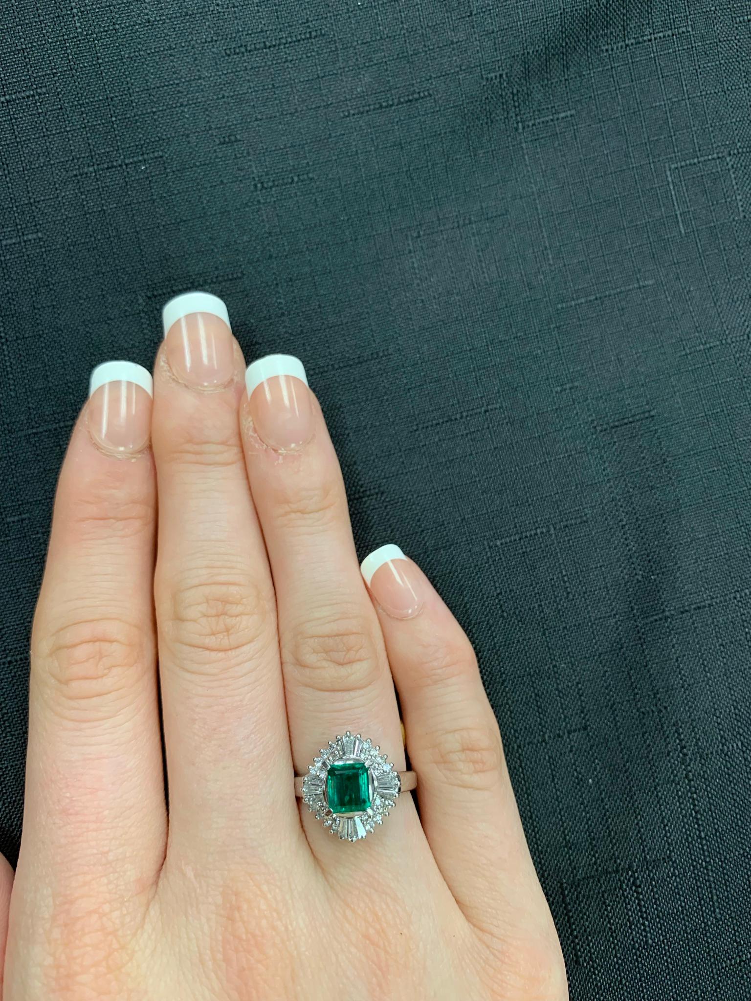 0.67 Carat Natural Rectangular Cut Emerald and Diamond Cocktail Ring, Platinum For Sale 1