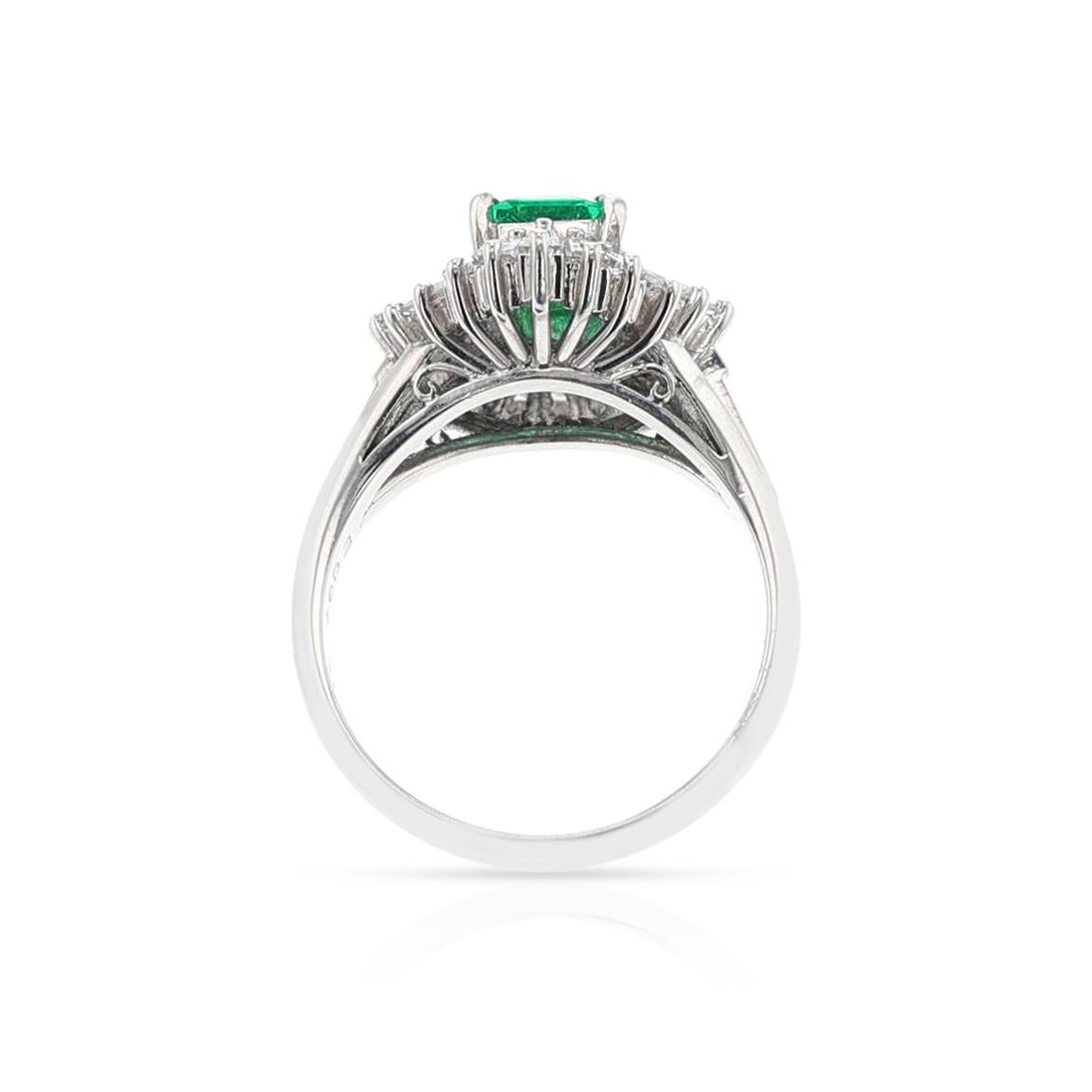 0.67 Carat Natural Rectangular Cut Emerald and Diamond Cocktail Ring, Platinum For Sale 4