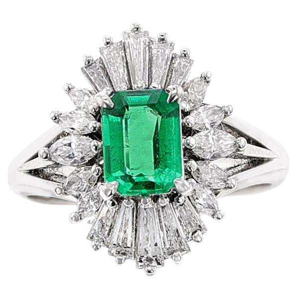 0.67 Carat Natural Rectangular Cut Emerald and Diamond Cocktail Ring, Platinum