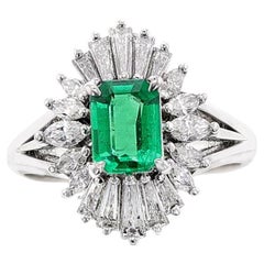 Vintage 0.67 Carat Natural Rectangular Cut Emerald and Diamond Cocktail Ring, Platinum