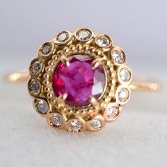 0.67 Carat Nature Ruby and Diamond 14k Gold Vintage Cluster Rosette Ring