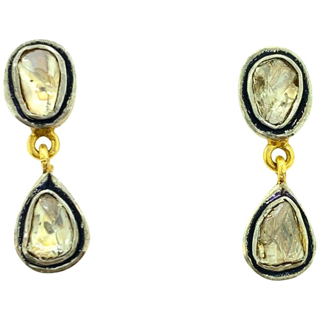 0.67 Carat Old Mine Cut 'Polki' Diamond Stud Drop Earring in Silver, 14K Gold For Sale