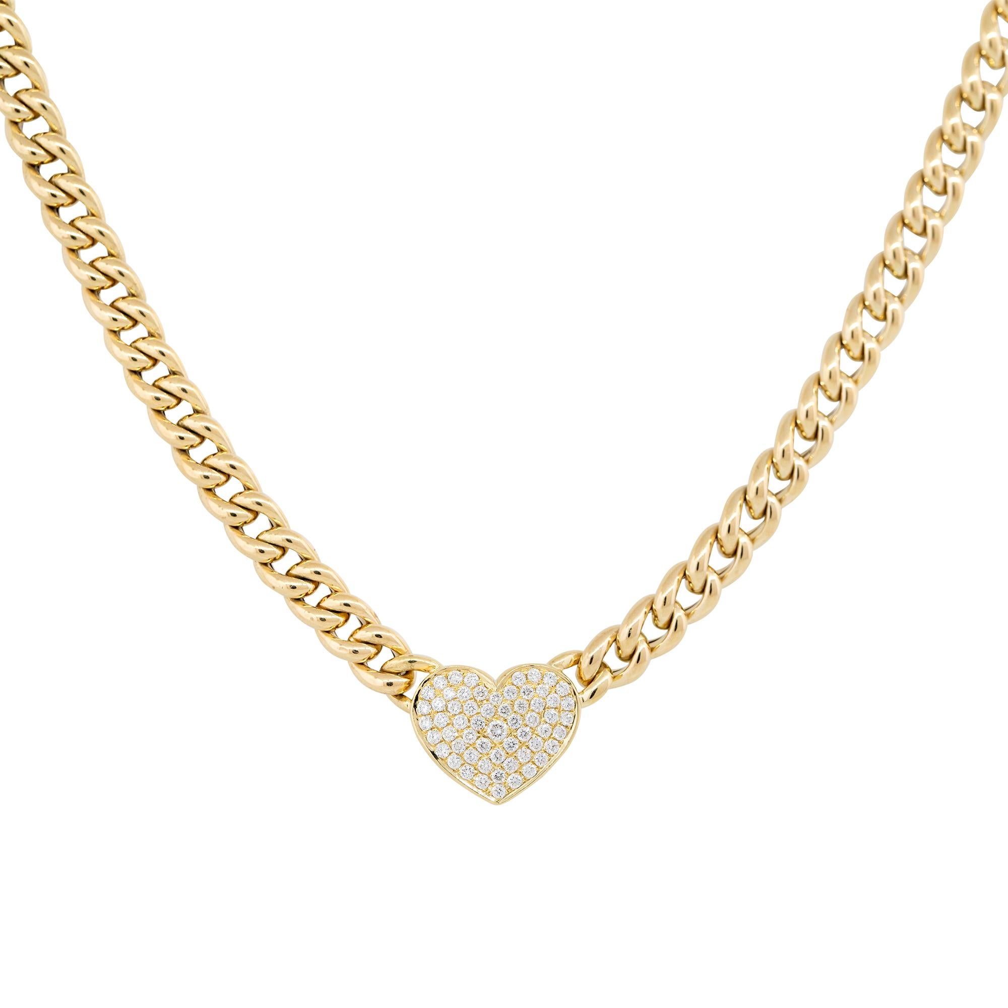 18k Yellow Gold 0.67ctw Pave Diamond Heart on Curb Link Necklace

Product: Pave Diamond Heart Necklace
Material: 18k Yellow Gold
Diamond Details: There are approximately 0.67 carats of Round Brilliant cut diamonds
Diamond Clarity: Diamonds are
