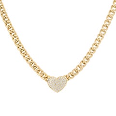 0.67 Carat Pave Diamond Heart on Curb Link Necklace 18 Karat In Stock