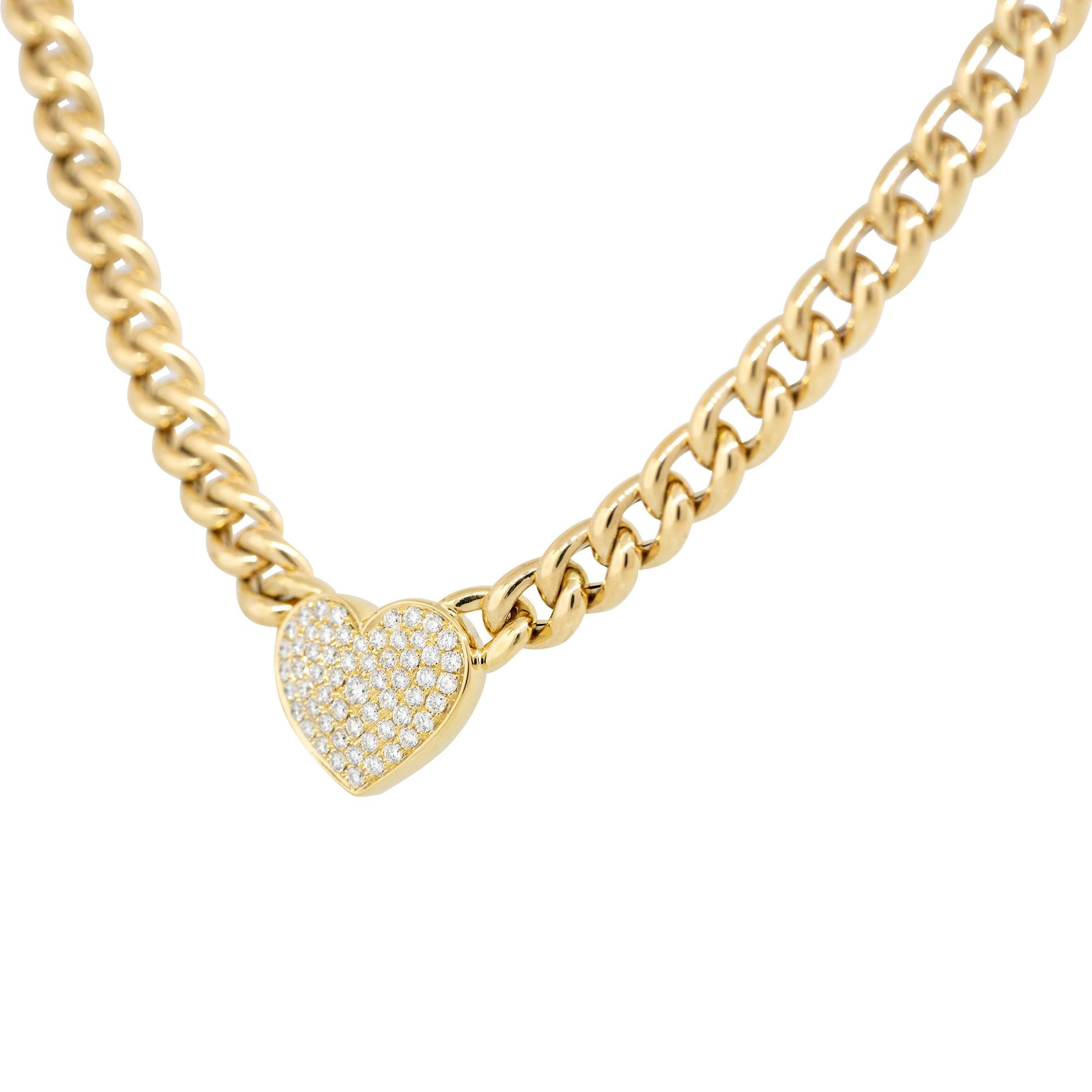 Contemporary 0.67 Carat Pave Diamond Heart on Curb Link Necklace 18 Karat In Stock For Sale