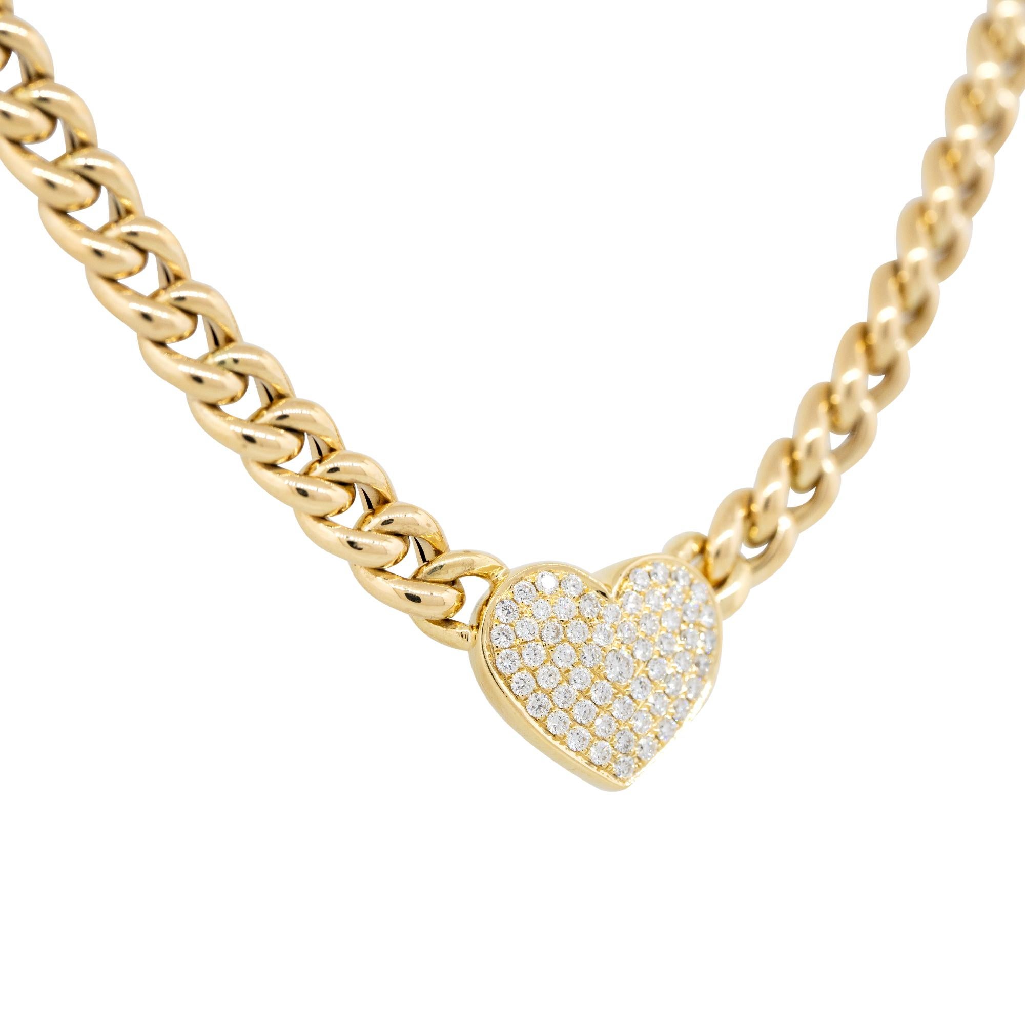 Round Cut 0.67 Carat Pave Diamond Heart on Curb Link Necklace 18 Karat In Stock For Sale