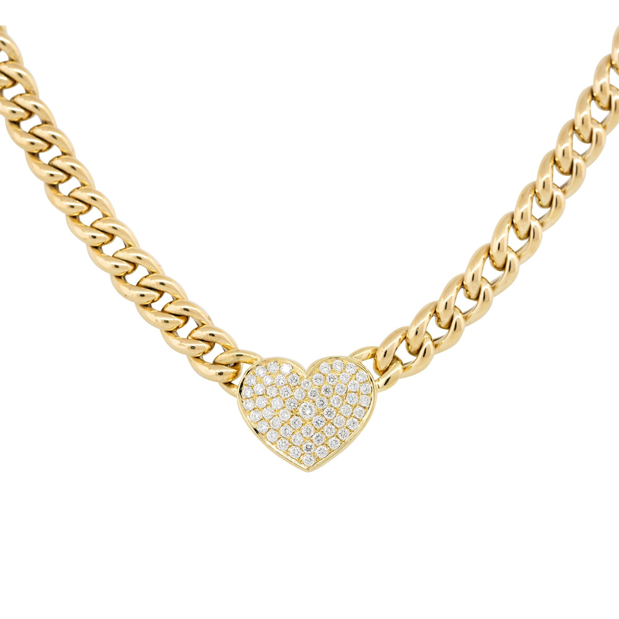0.67 Carat Pave Diamond Heart on Curb Link Necklace 18 Karat In Stock In Excellent Condition For Sale In Boca Raton, FL