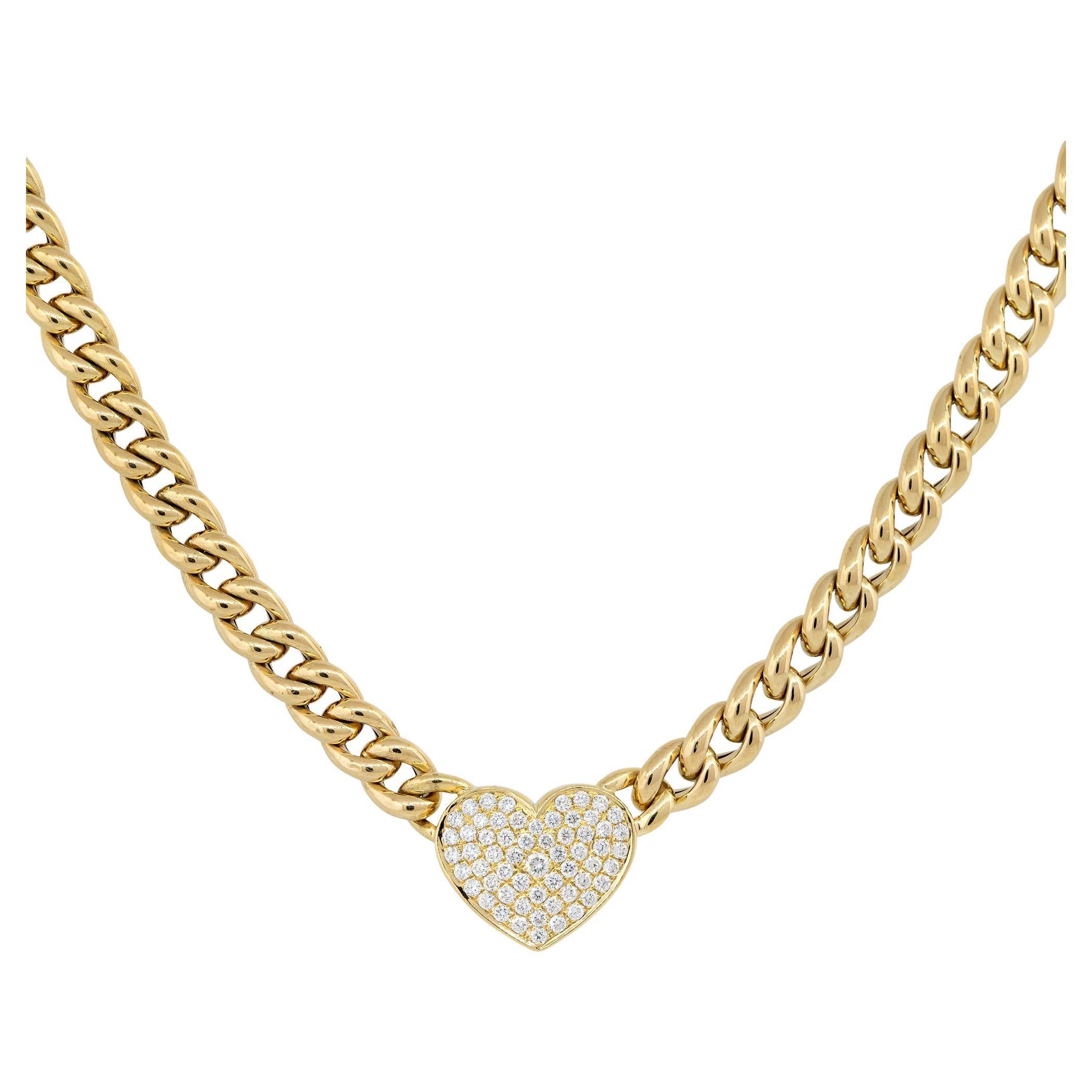 0.67 Carat Pave Diamond Heart on Curb Link Necklace 18 Karat In Stock