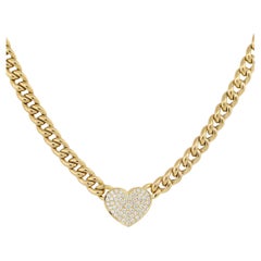 0.67 Carat Pave Diamond Heart on Curb Link Necklace 18 Karat In Stock