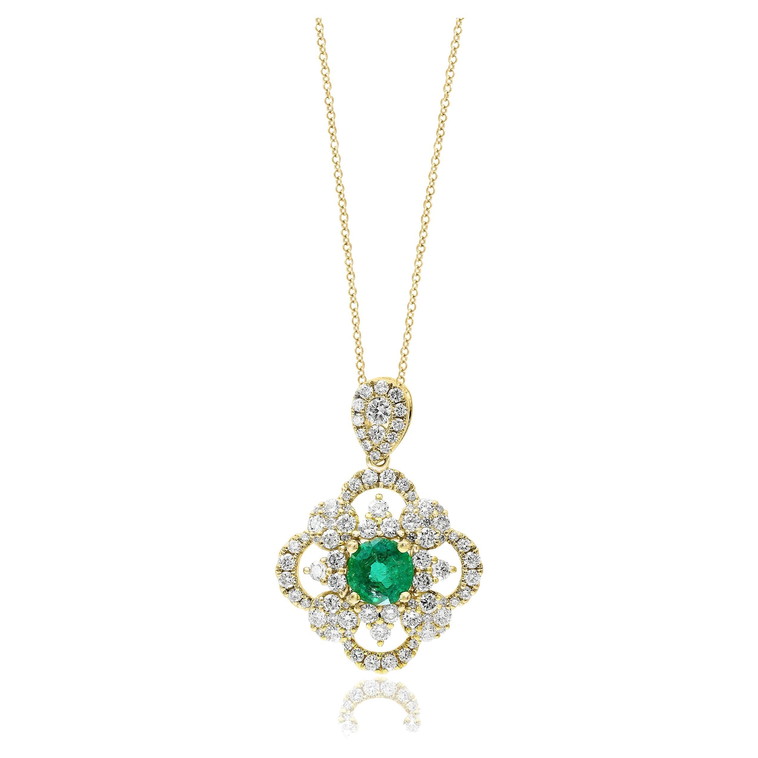 0.67 Carat Round Cut Emerald and Diamond Pendant Necklace in 18K Yellow Gold For Sale