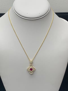 0.67 Carat Round Cut Ruby and Diamond Pendant Necklace in 18K Yellow Gold