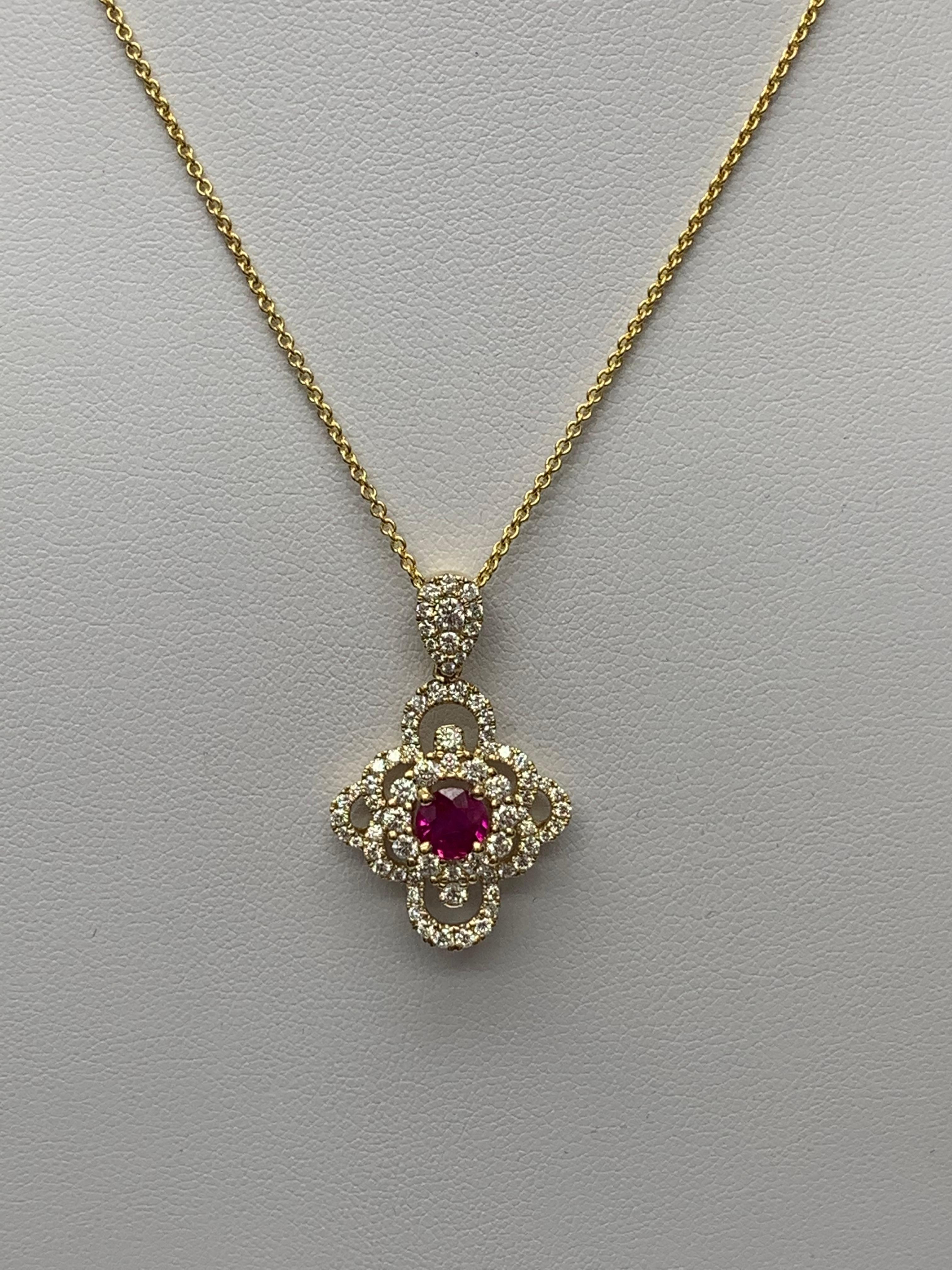 Modern 0.67 Carat Round Cut Ruby and Diamond Pendant Necklace in 18K Yellow Gold For Sale
