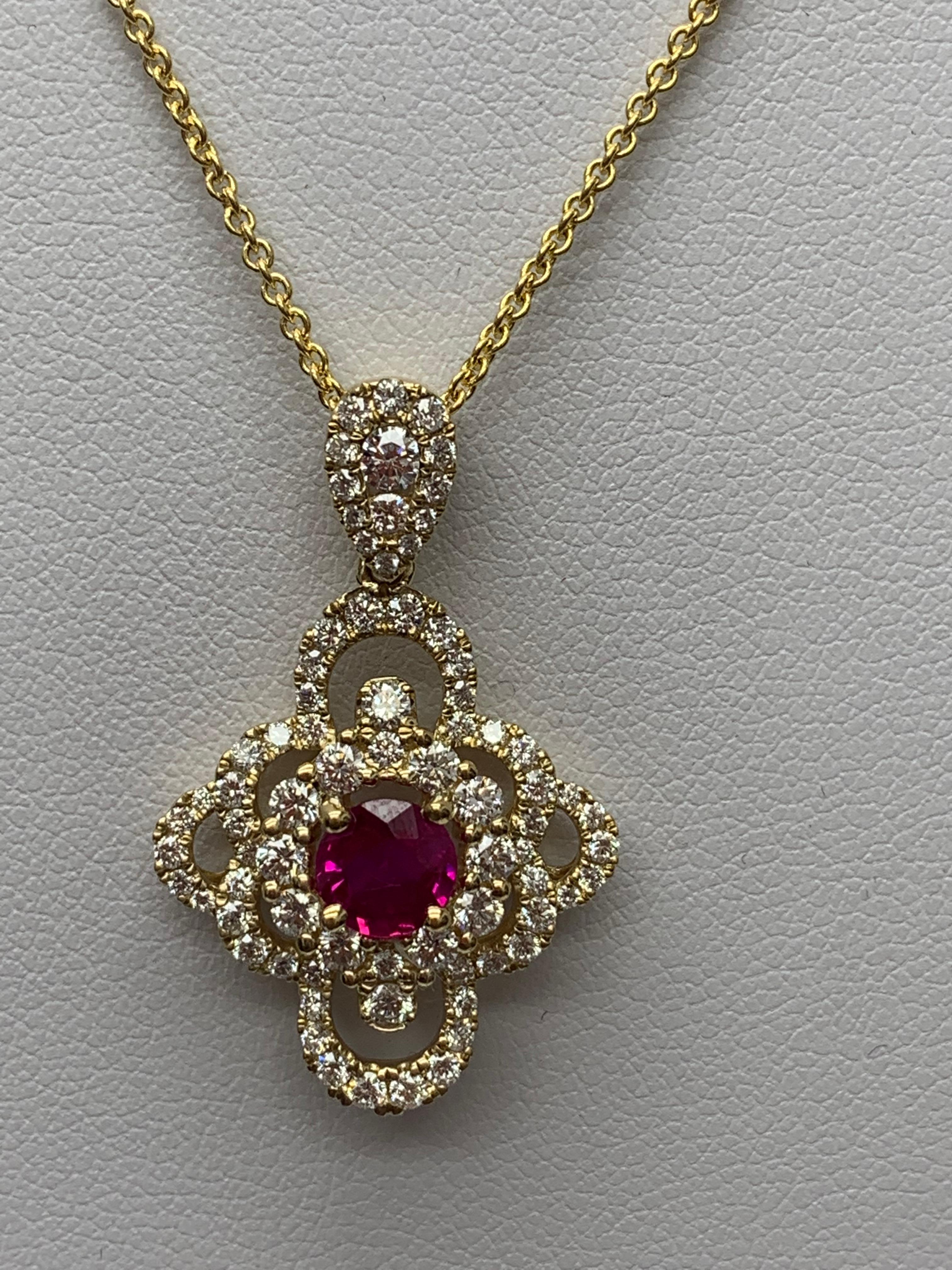 0.67 Carat Round Cut Ruby and Diamond Pendant Necklace in 18K Yellow Gold In New Condition For Sale In NEW YORK, NY