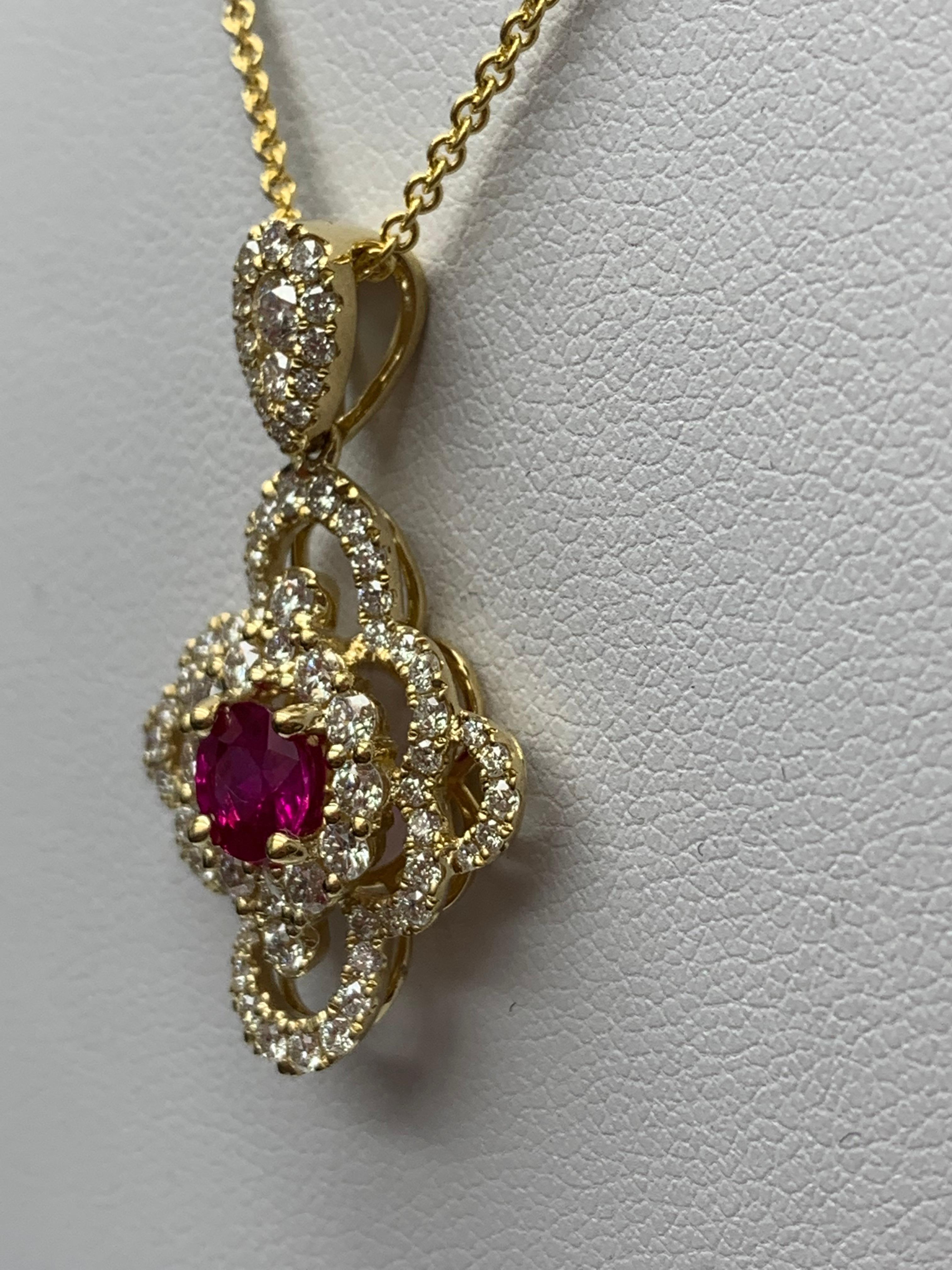 0.67 Carat Round Cut Ruby and Diamond Pendant Necklace in 18K Yellow Gold For Sale 1
