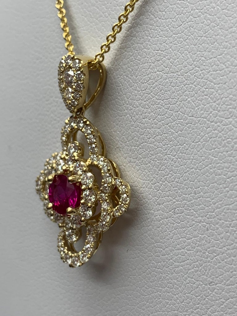 0.67 Carat Round Cut Ruby and Diamond Pendant Necklace in 18K Yellow ...