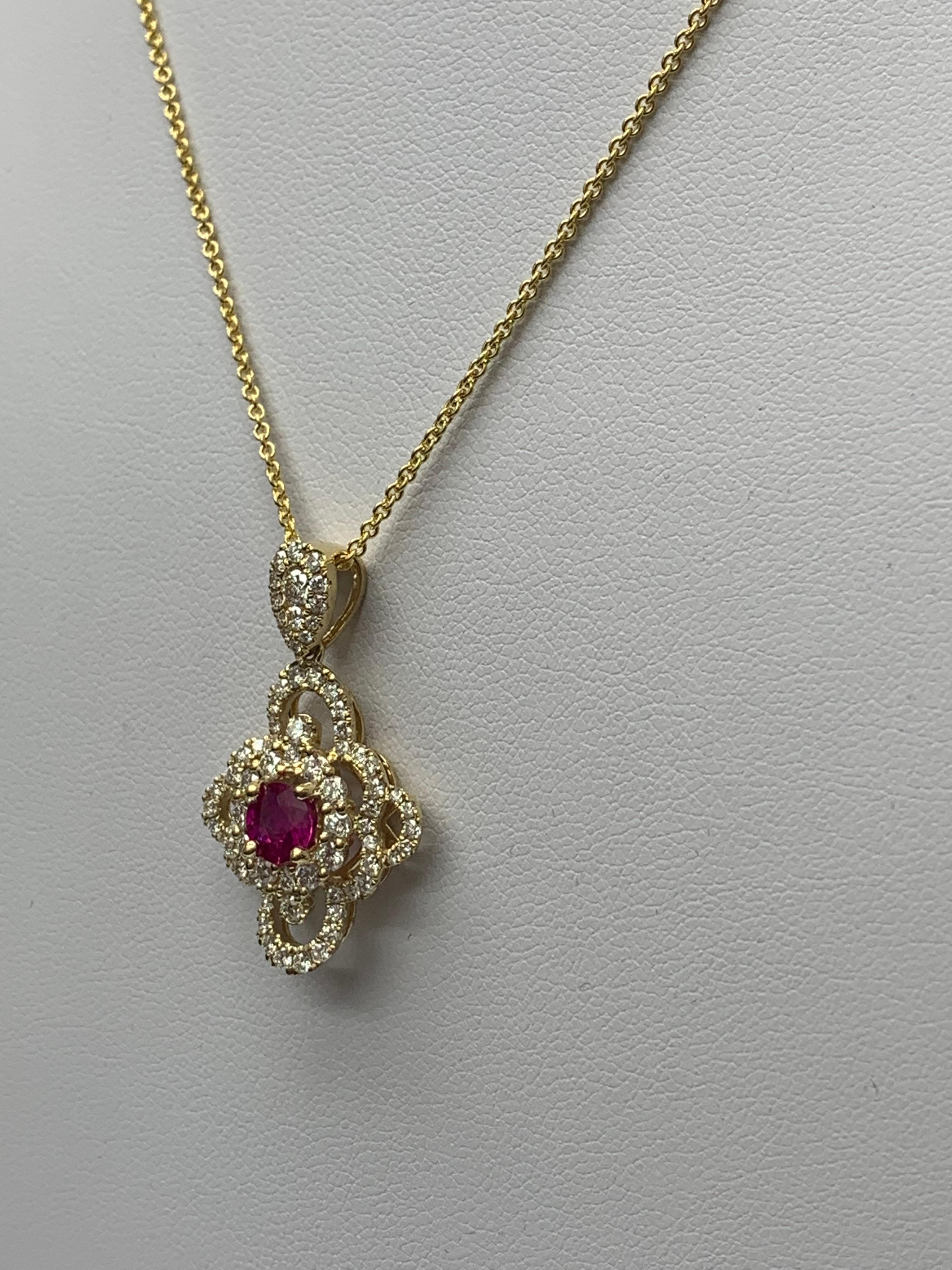 0.67 Carat Round Cut Ruby and Diamond Pendant Necklace in 18K Yellow Gold For Sale 2
