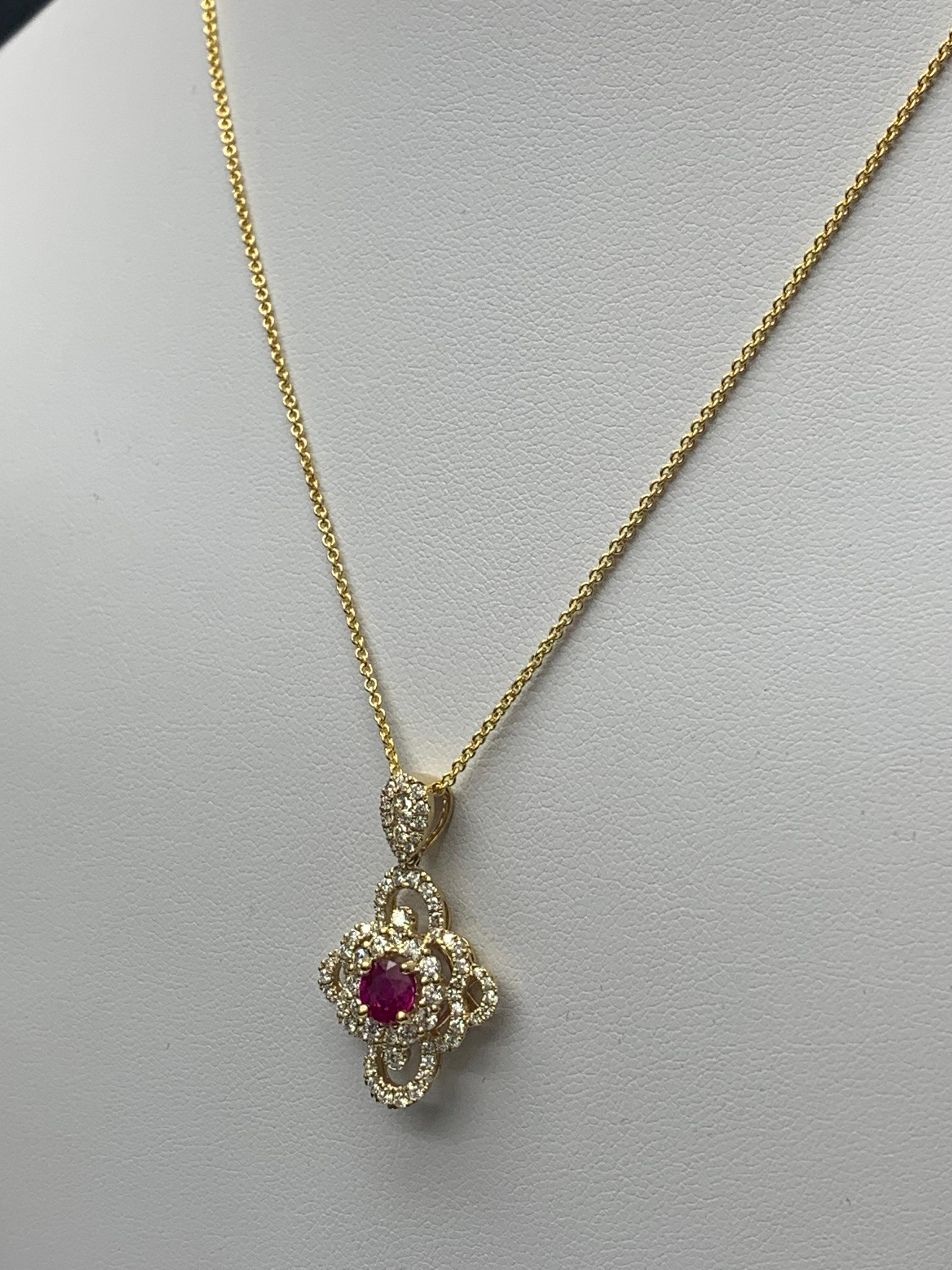 0.67 Carat Round Cut Ruby and Diamond Pendant Necklace in 18K Yellow Gold For Sale 3