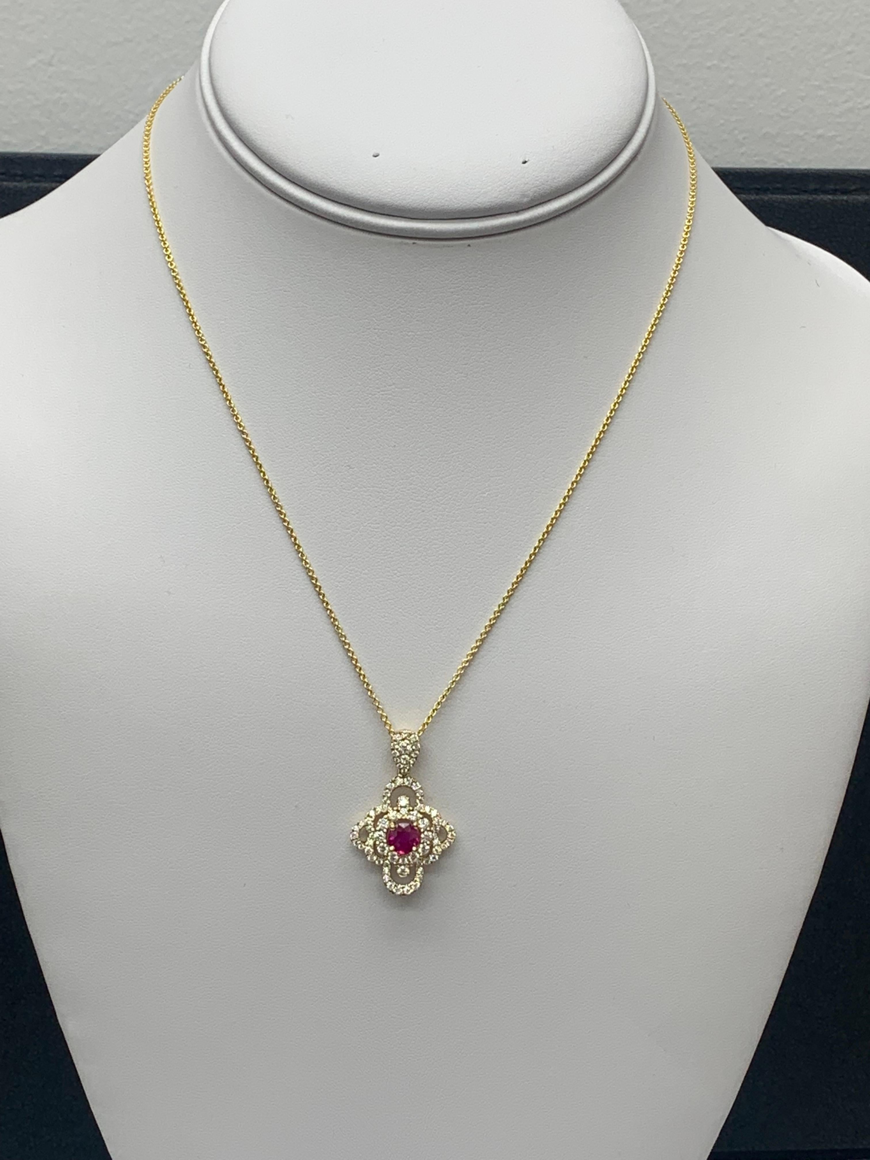 0.67 Carat Round Cut Ruby and Diamond Pendant Necklace in 18K Yellow Gold For Sale 4