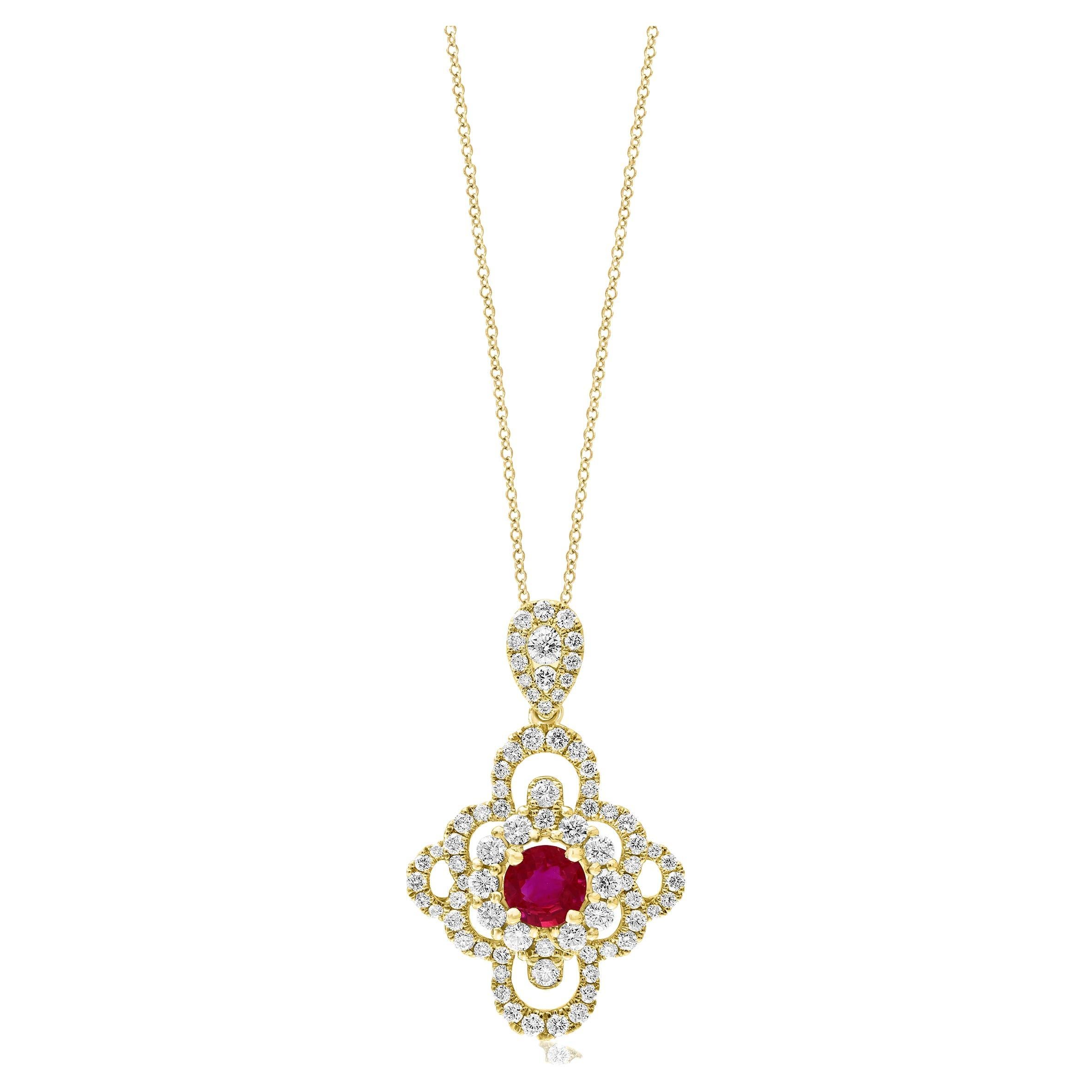 0.67 Carat Round Cut Ruby and Diamond Pendant Necklace in 18K Yellow Gold For Sale