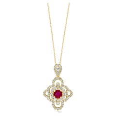0.67 Carat Round Cut Ruby and Diamond Pendant Necklace in 18K Yellow Gold