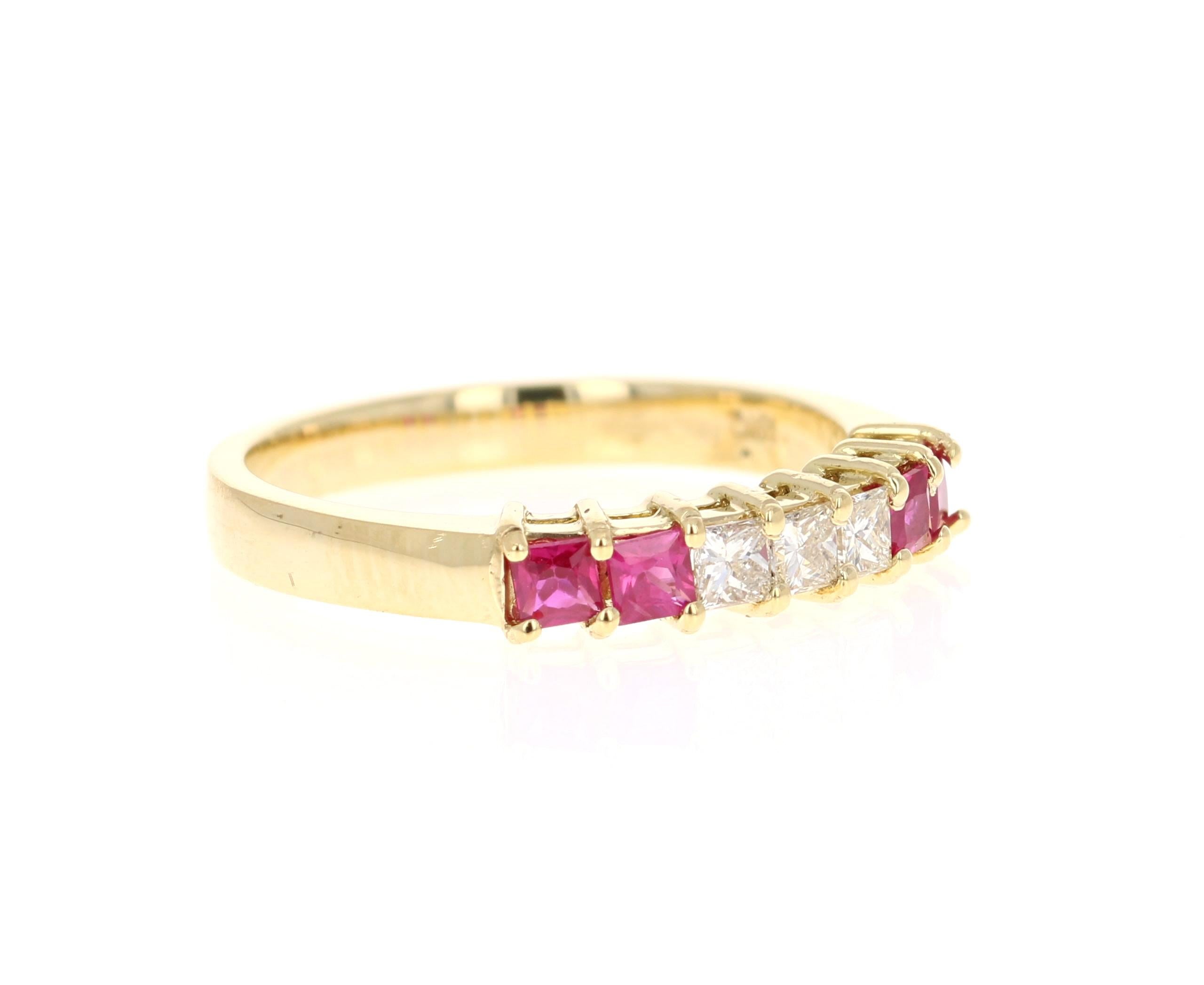 A gorgeous Ruby and Diamond Band! A daily and dazzling stunner! 

This ring has 4 Square Cut Rubies that weigh 0.42 Carats and 3 Princess Cut Diamonds that weigh 0.25 Carats with a clarity and color of VS-H. The total carat weight of the ring is