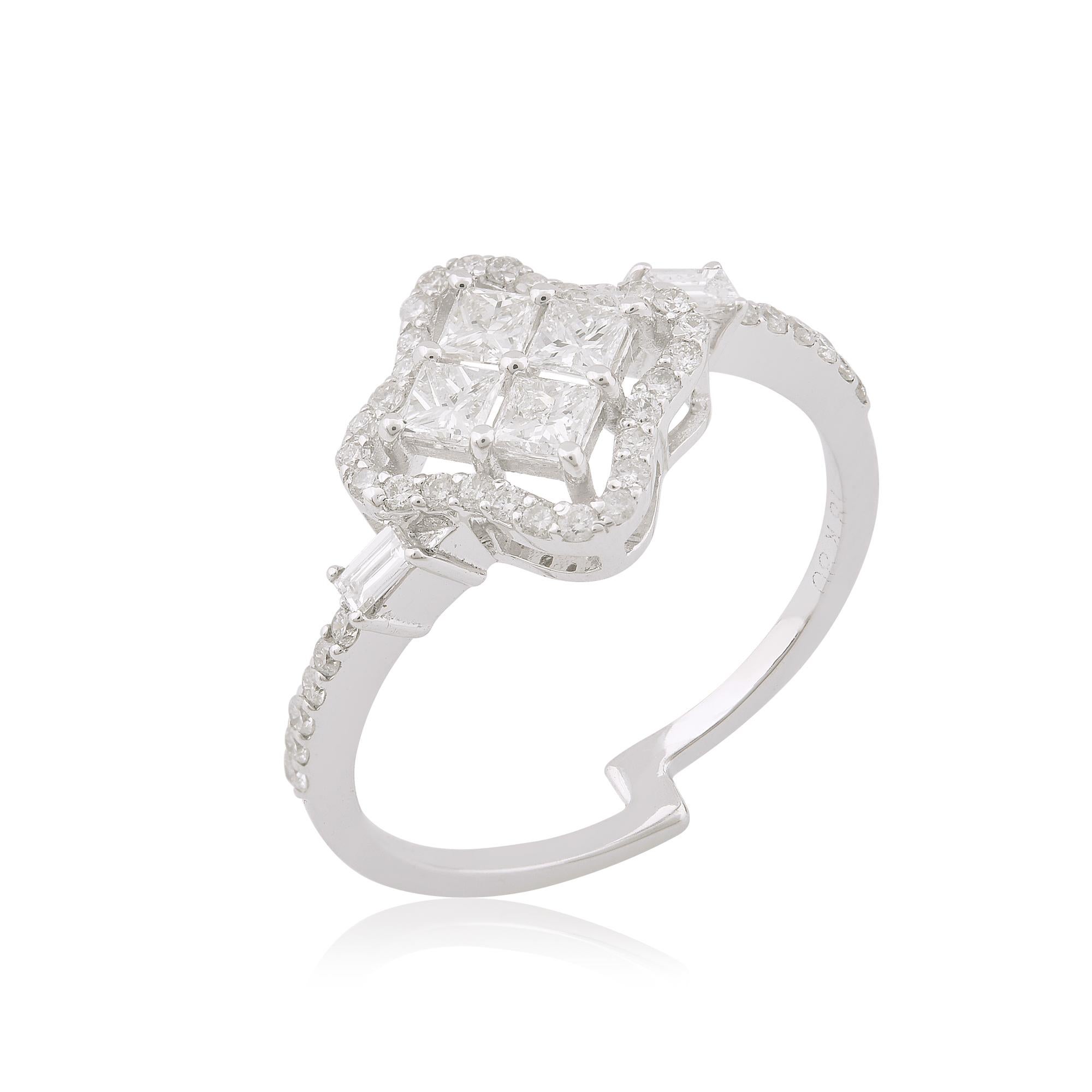 Baguette Cut 0.67 Carat SI Clarity HI Color Diamond Clover Design Ring 18 Karat White Gold For Sale