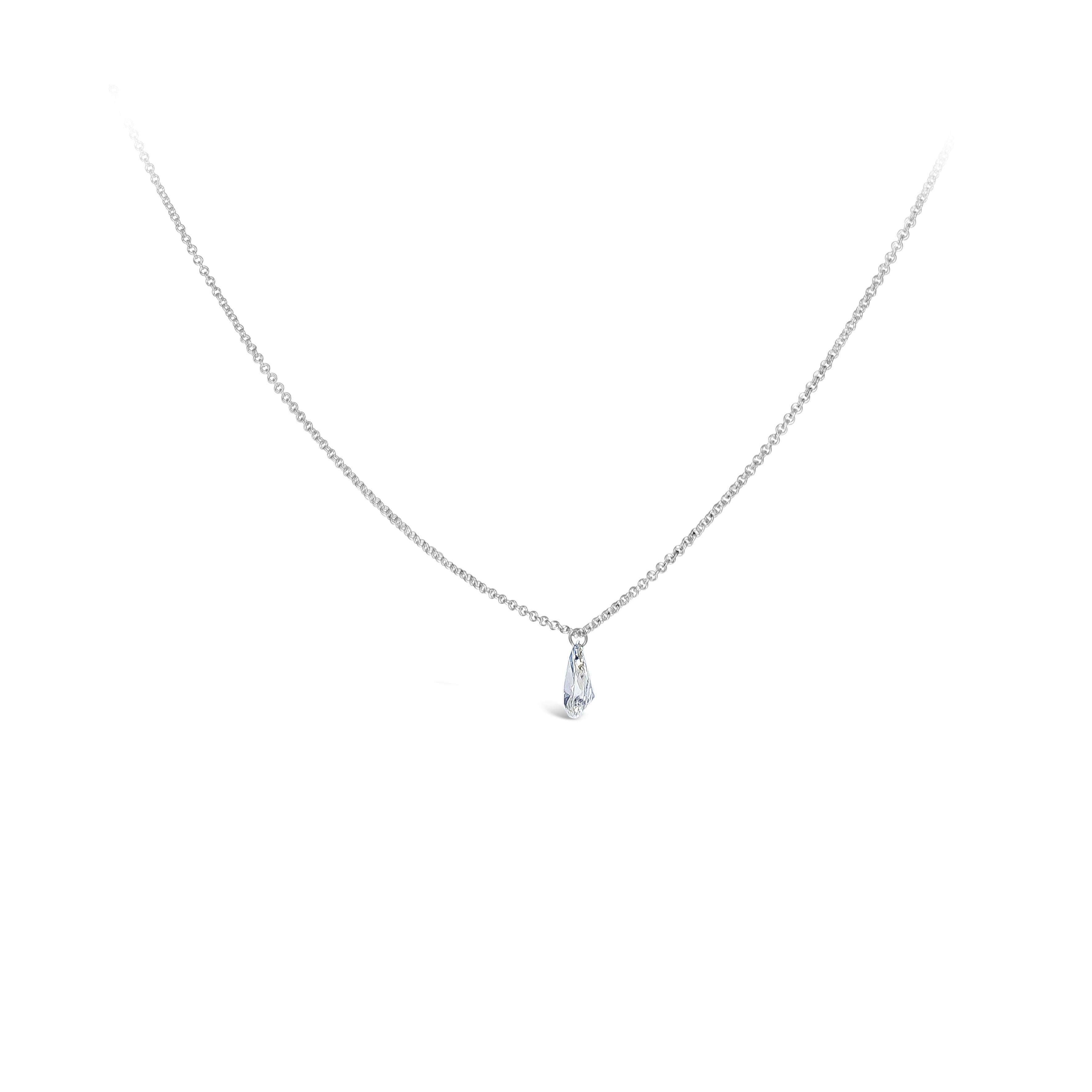 This unique and simple pendant necklace features 0.67 carat total pear shape diamond, L Color and VS in Clarity. Suspended on a adjustable 18inch, 18k White Gold chain.

Style available in different price ranges. Prices are based on your selection.