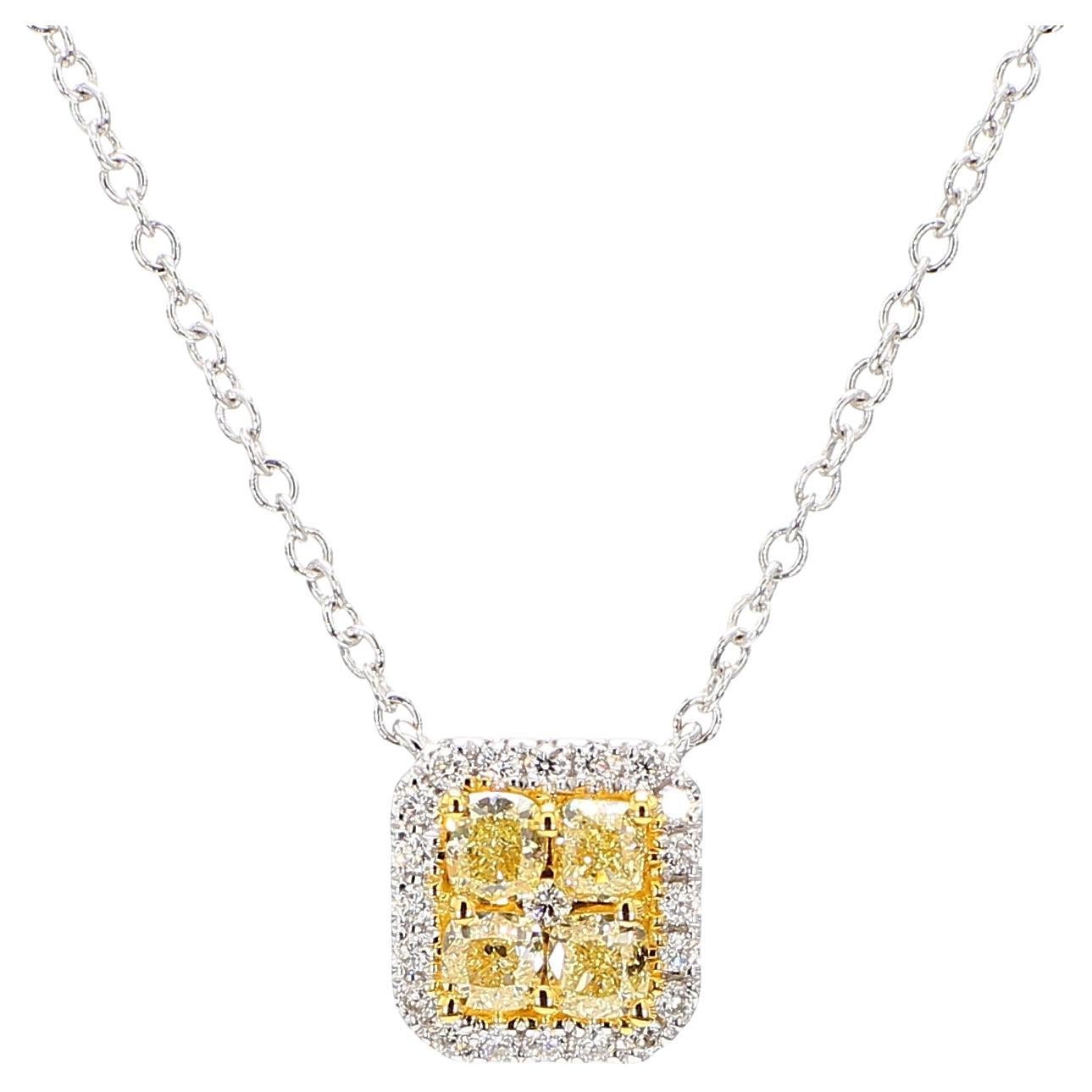 0.67 Carats Fancy Yellow Cushion Cut Pendant Necklace 18K White Gold Natural