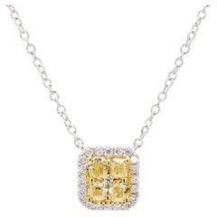 0.67 Carats Fancy Yellow Cushion Cut Pendant Necklace 18K White Gold Natural