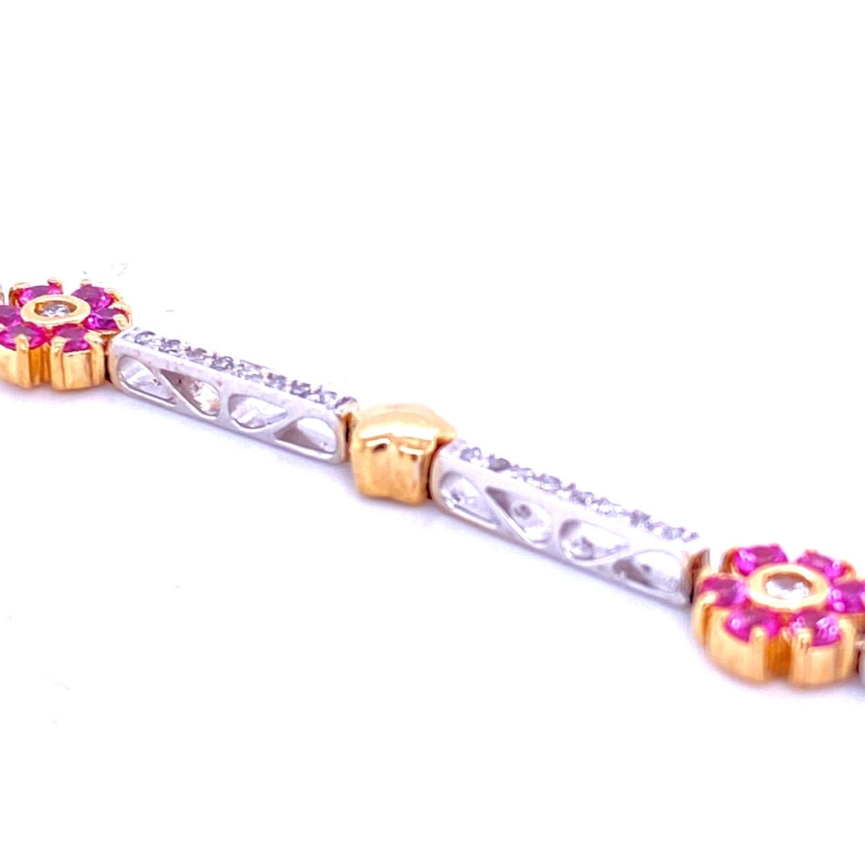 Round Cut 0.67 Carat Diamond/1.59 Carat Pink Sapphire Two-Tone Bracelet For Sale