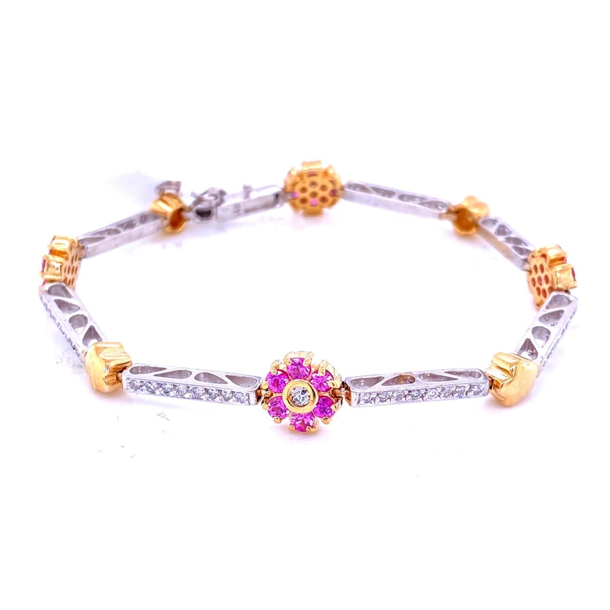 0.67 Carat Diamond/1.59 Carat Pink Sapphire Two-Tone Bracelet In New Condition For Sale In Los Angeles, CA