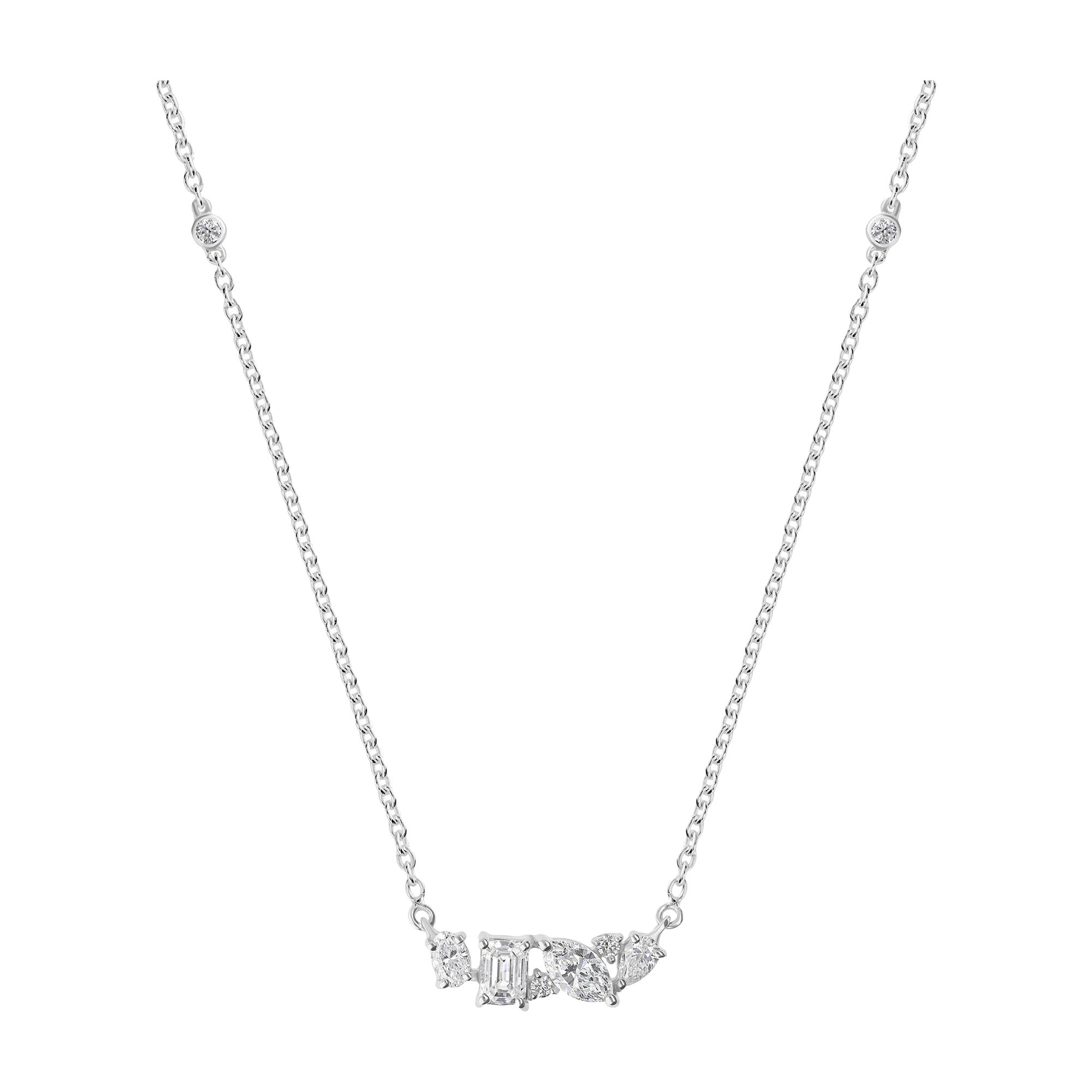 0.67 Ct Natural Diamond Multi-Shape Inline Bar Pendant Necklace 18K White Gold