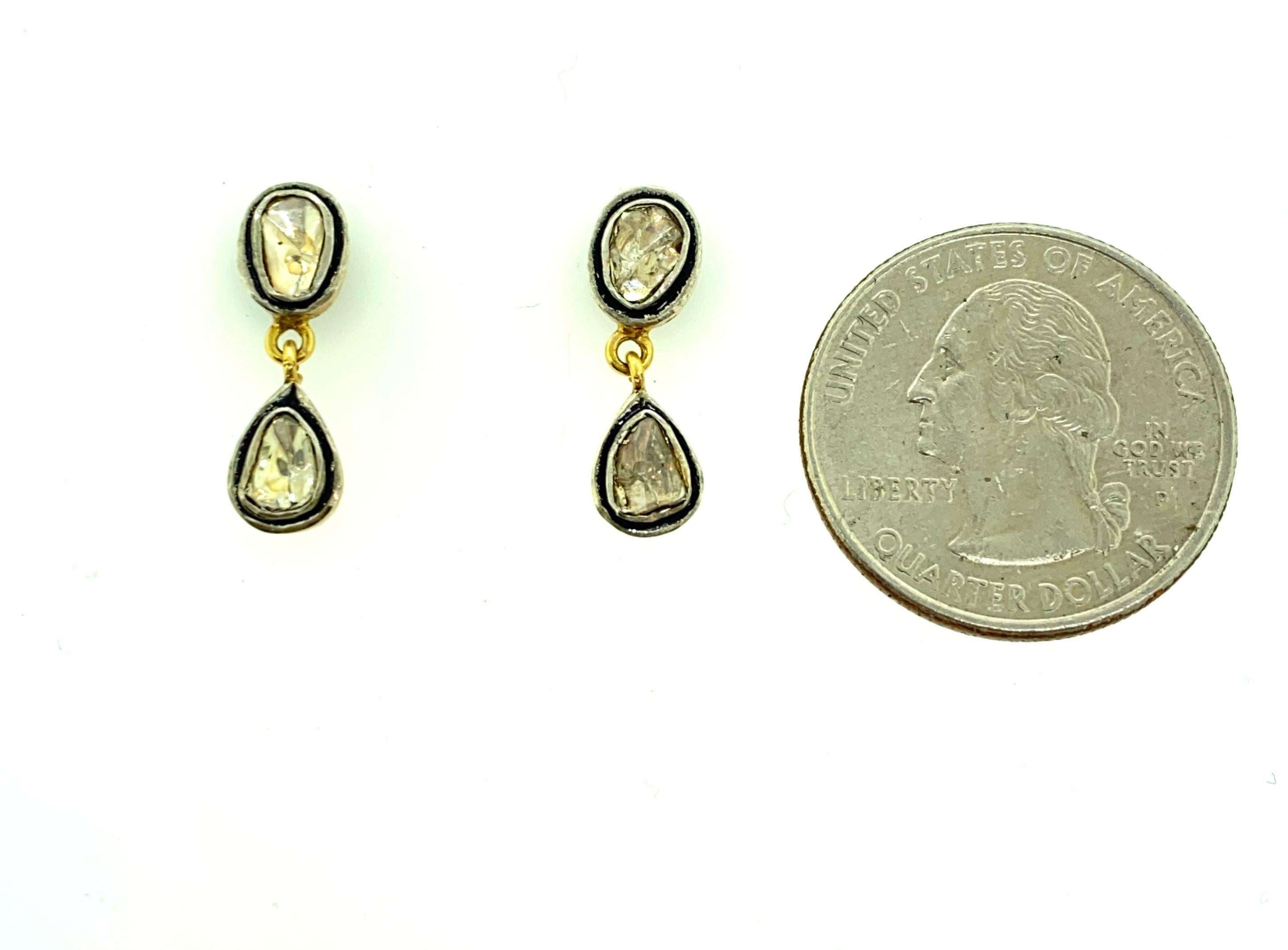 0.67 ct Old Mine Cut (Polki) Diamond Stud Drop Earring set in Oxidized Sterling Silver and pure 14K Gold Back and Post. The Stud Earring is a reproduction of Victorian Style (Mughal) Jewelry. It has been manufactured in India. The back of the