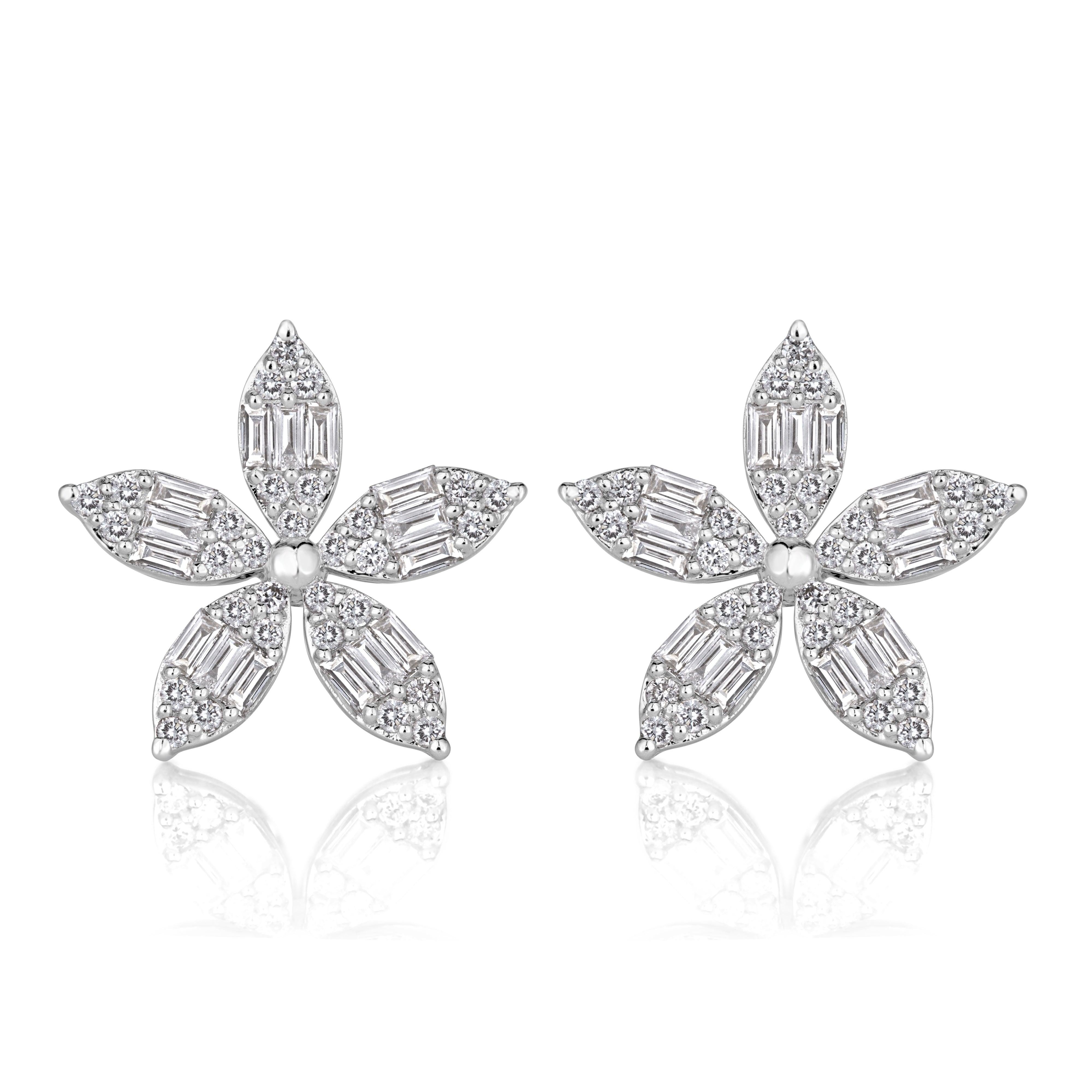 0.67ct Baguette and Round Brilliant Cut Diamond Floral Stud Earrings in 18k For Sale