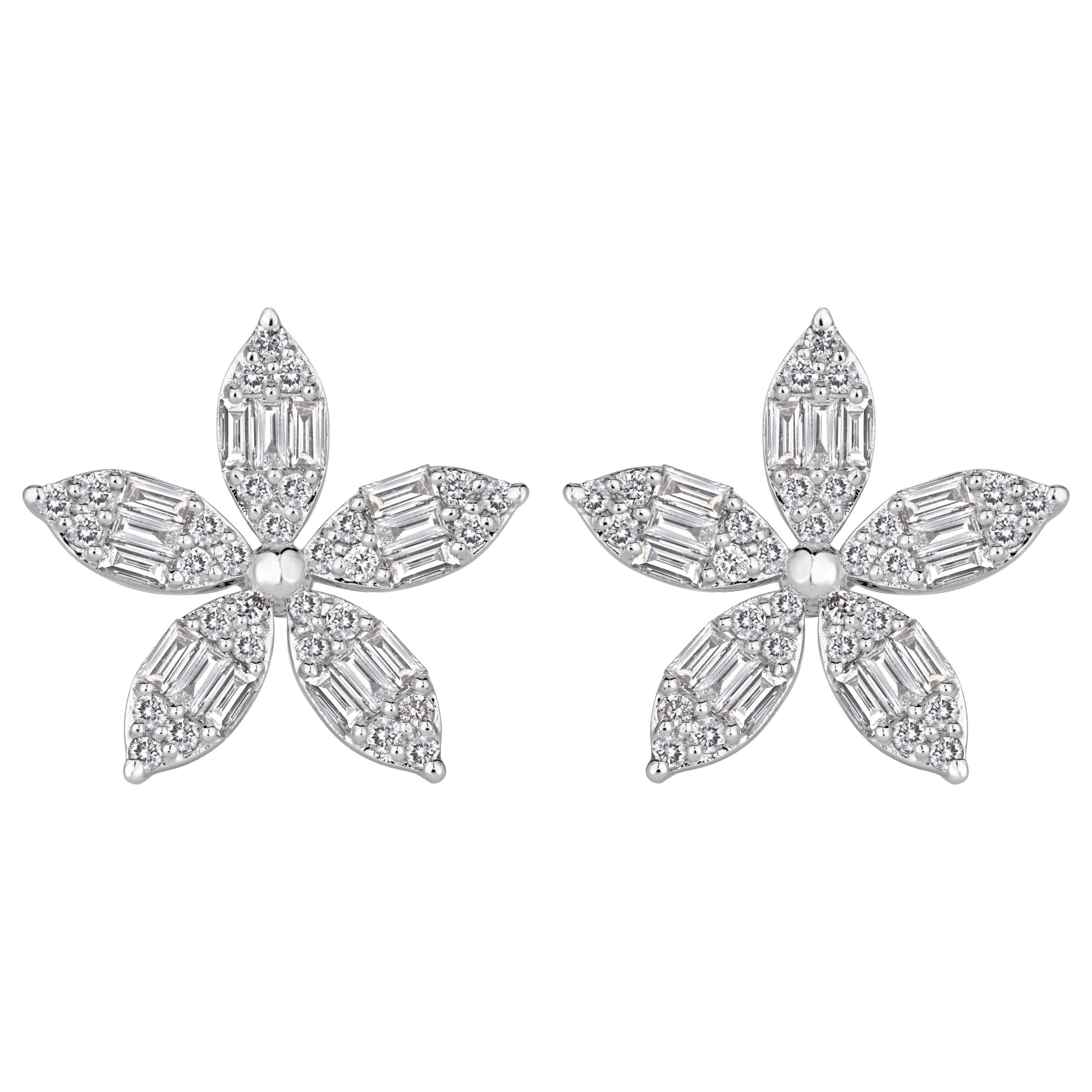 0.67ct Baguette and Round Brilliant Cut Diamond Floral Stud Earrings in 18k