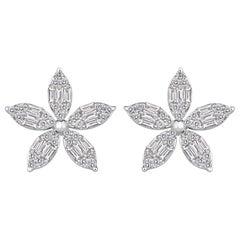 0.67ct Baguette and Round Brilliant Cut Diamond Floral Stud Earrings in 18k