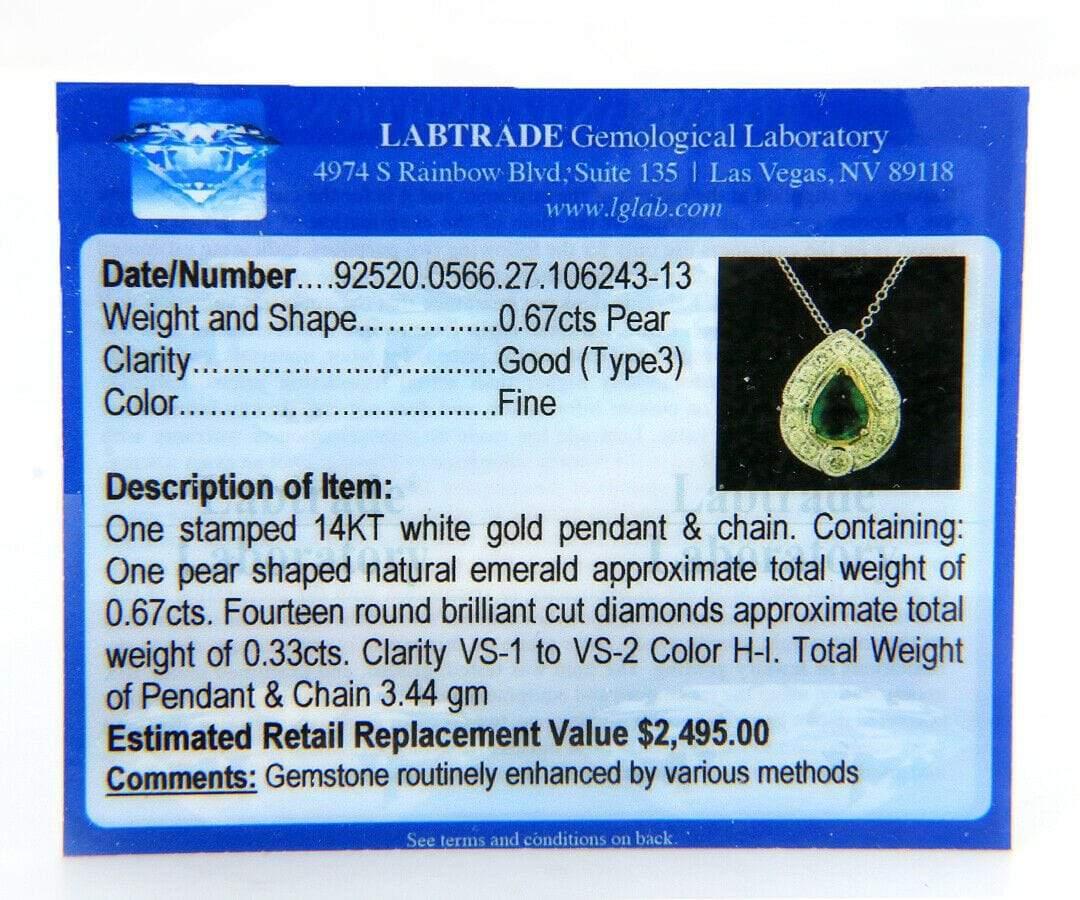 0.67ct Pear Emerald and 0.33ctw Diamond Milgrain Pendant Necklace in 14K

Pear Emerald and Diamond Milgrain Pendant Necklace
14K White Gold
Emerald Carat Weight: Approx. 0.67ct
Clarity: Good (Type3)
Color: Fine
Diamonds Carat Weight: Approx.