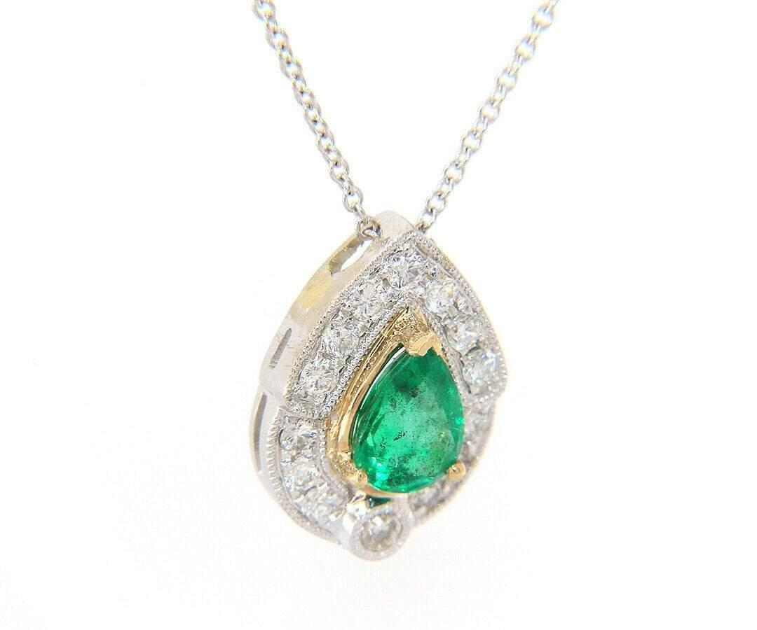 Pear Cut 0.67ct Pear Emerald and 0.33ctw Diamond Milgrain Pendant Necklace in 14K For Sale