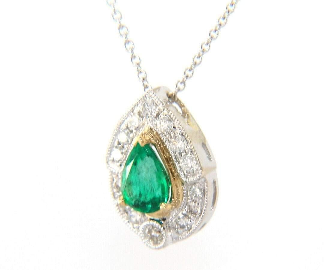 Women's 0.67ct Pear Emerald and 0.33ctw Diamond Milgrain Pendant Necklace in 14K For Sale