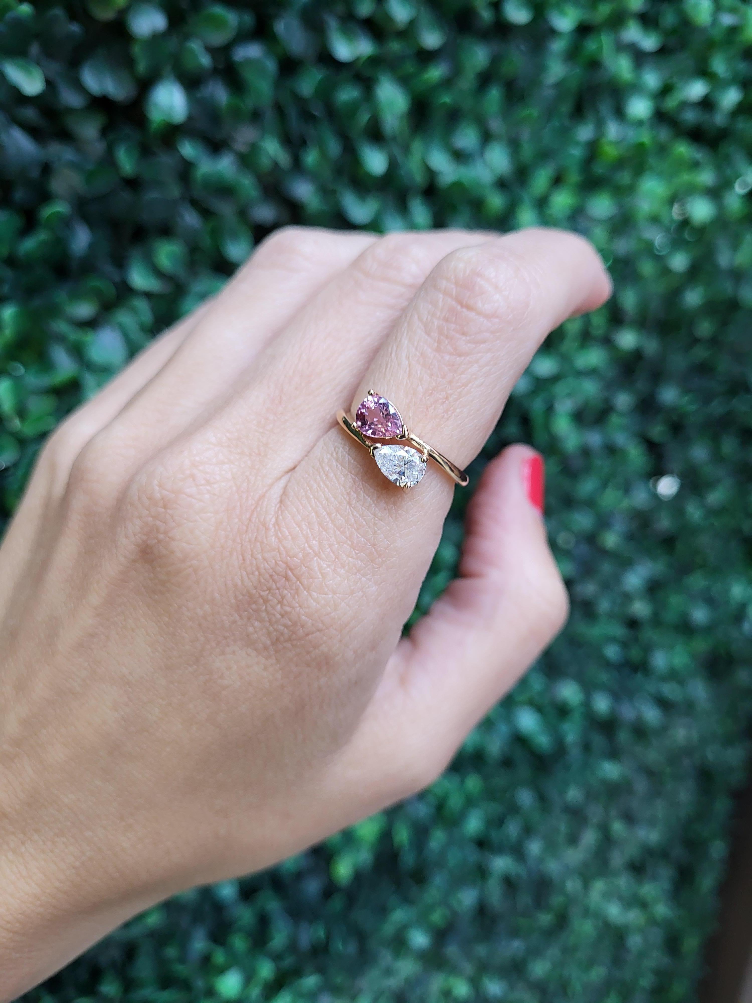 Pear Cut 0.67ct Pear Shaped Diamond & 0.97ct Pear Shaped Pink Sapphire Toi Et Moi Ring