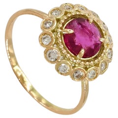0.67ct Ruby Diamond Ring 14K Gold Round Brilliant Cut Cluster Rosette Design