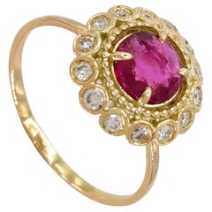 0.67ct Ruby Diamond Ring 14K Gold Round Brilliant Cut Cluster Rosette Design