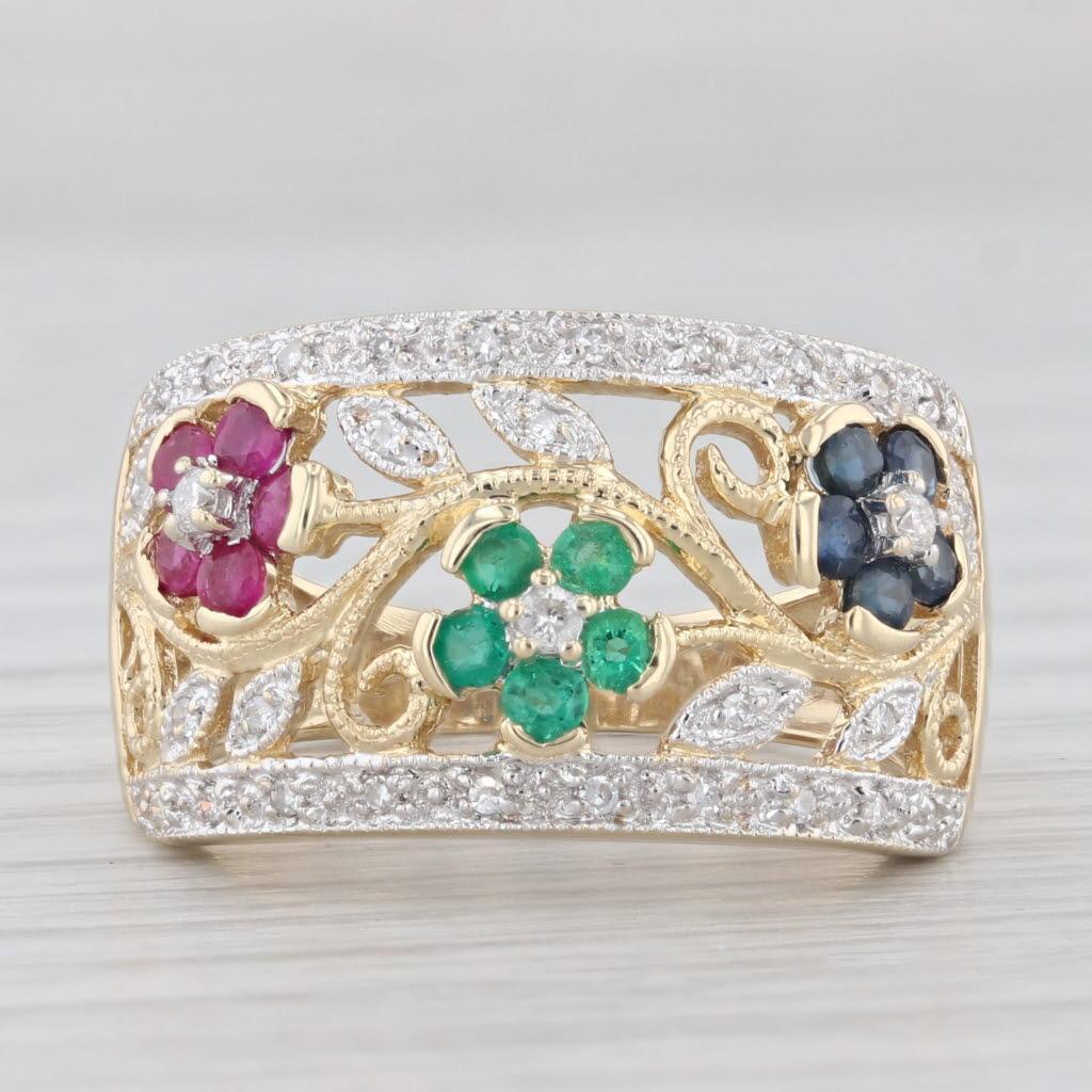 0.67ctw Gemstone Flower Ring 14k Gold Ruby Sapphire Emerald Diamond Size 8.5 For Sale 1