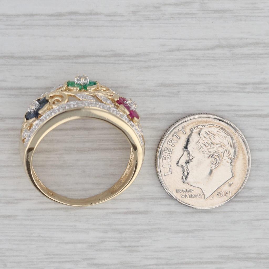 0.67ctw Gemstone Flower Ring 14k Gold Ruby Sapphire Emerald Diamond Size 8.5 For Sale 2