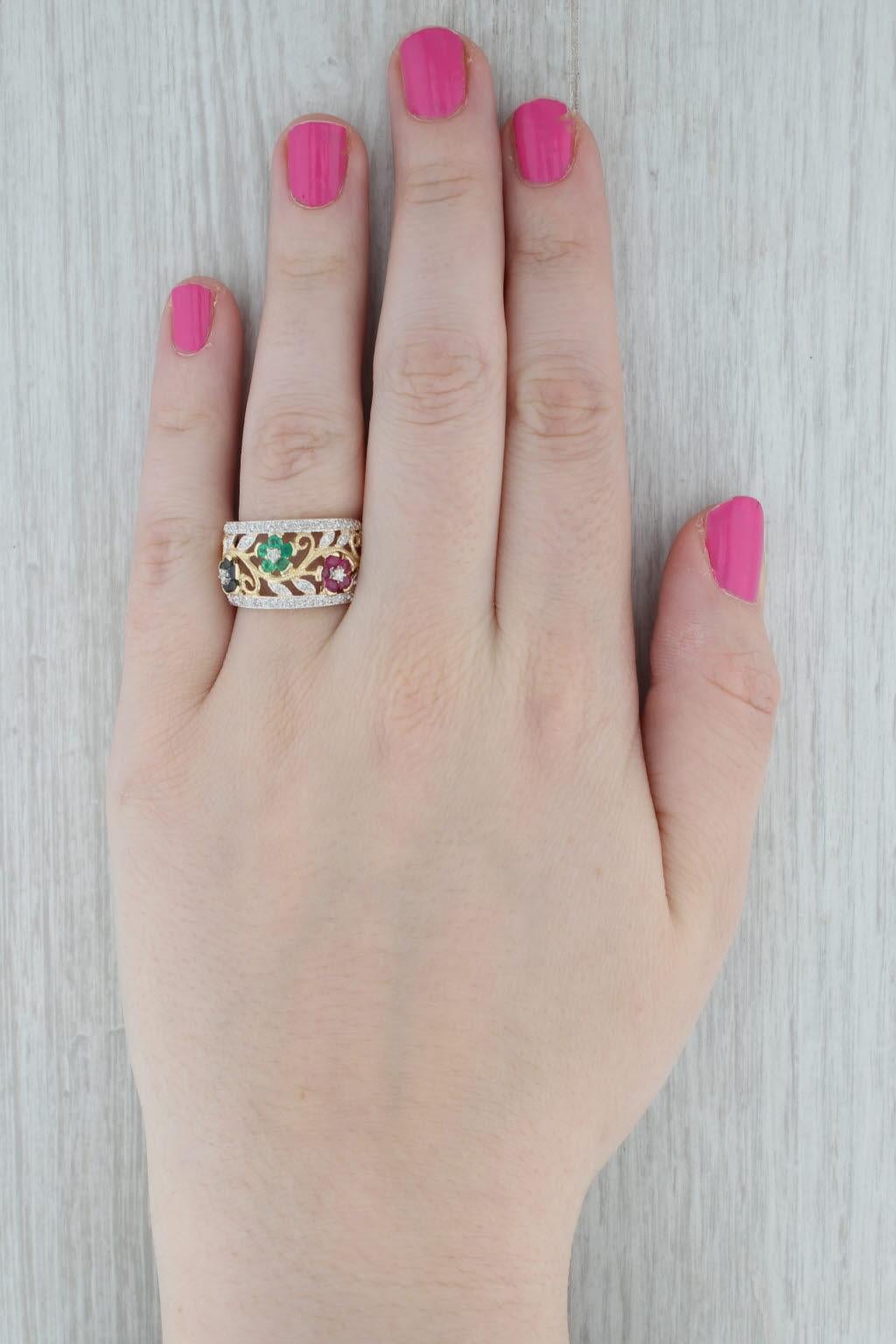 0.67ctw Gemstone Flower Ring 14k Gold Ruby Sapphire Emerald Diamond Size 8.5 For Sale 3