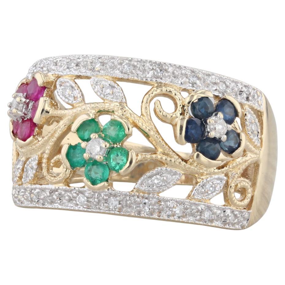 0.67ctw Gemstone Flower Ring 14k Gold Ruby Sapphire Emerald Diamond Size 8.5 For Sale